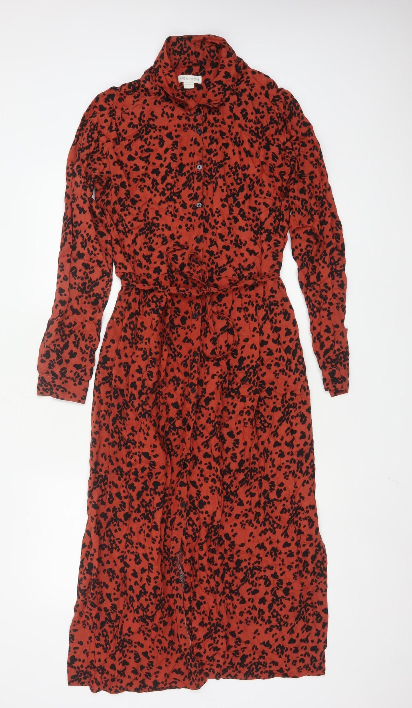 Monsoon Women Red Animal Print Shirt Dress Size 10 Midi Long Sleeve