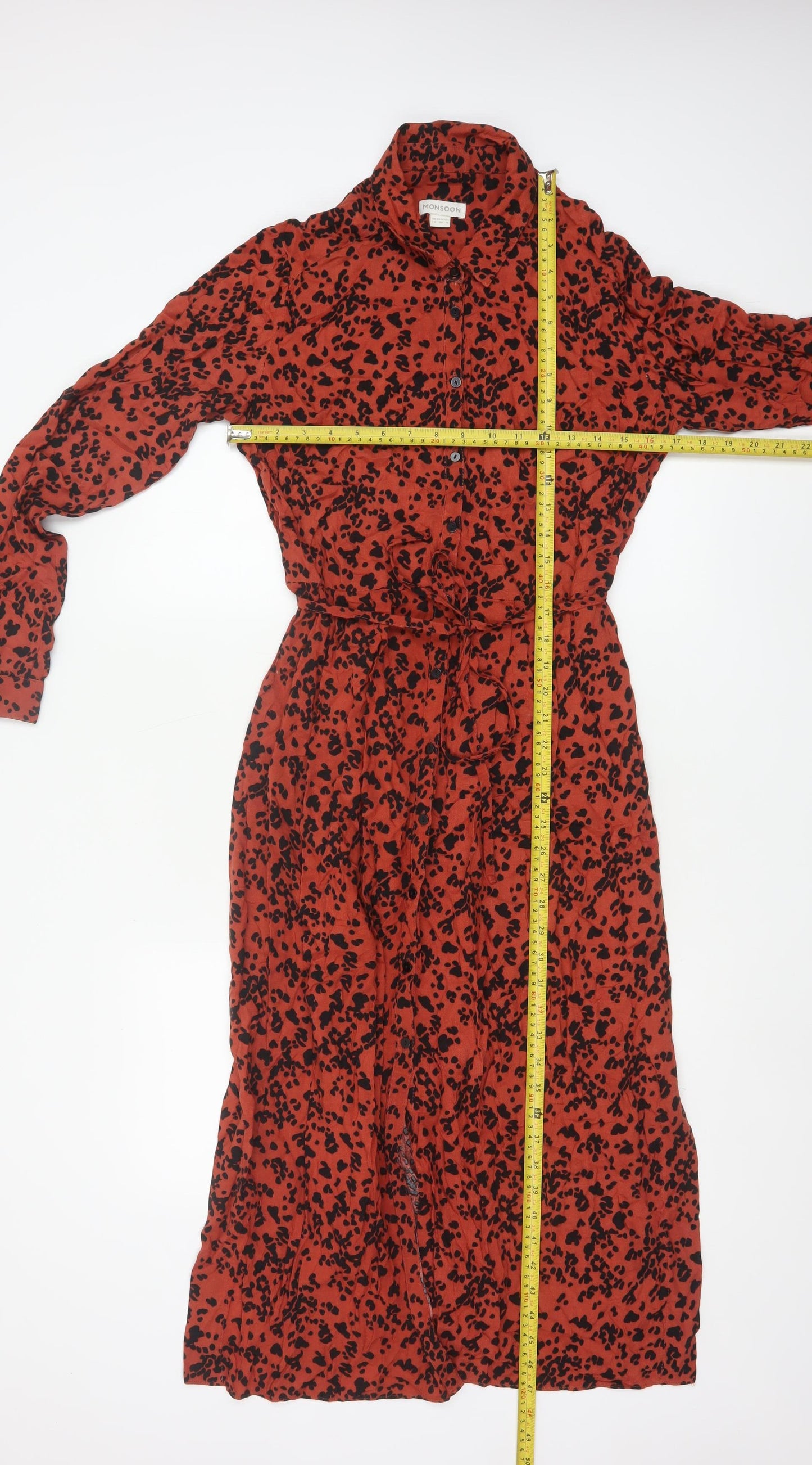 Monsoon Women Red Animal Print Shirt Dress Size 10 Midi Long Sleeve