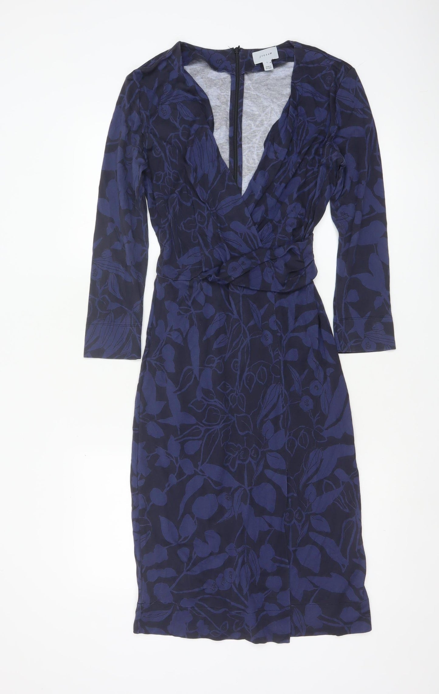 Jigsaw Women’s Blue Floral Bodycon Dress Size S 3/4 Sleeve V-Neck