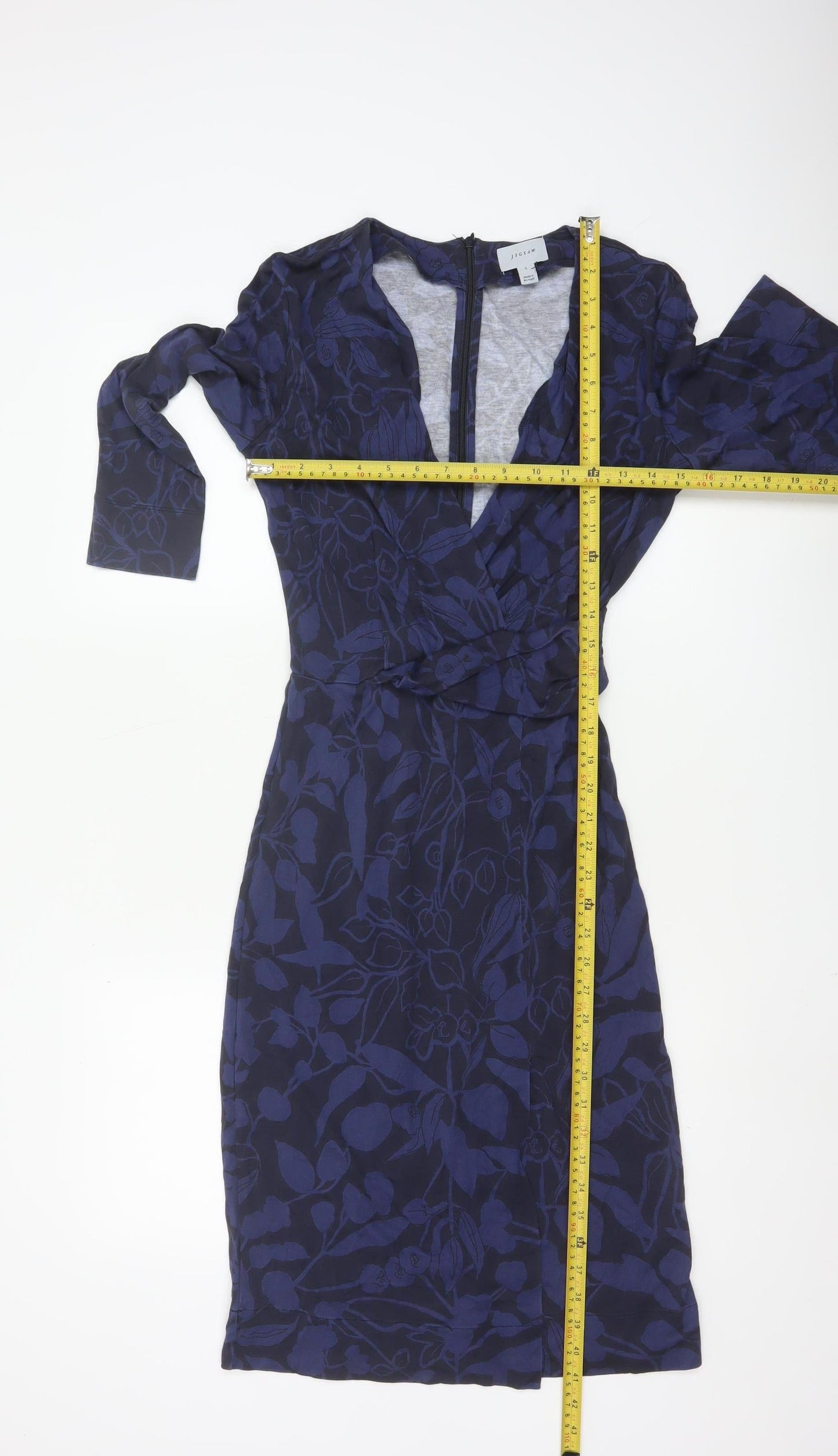 Jigsaw Women’s Blue Floral Bodycon Dress Size S 3/4 Sleeve V-Neck