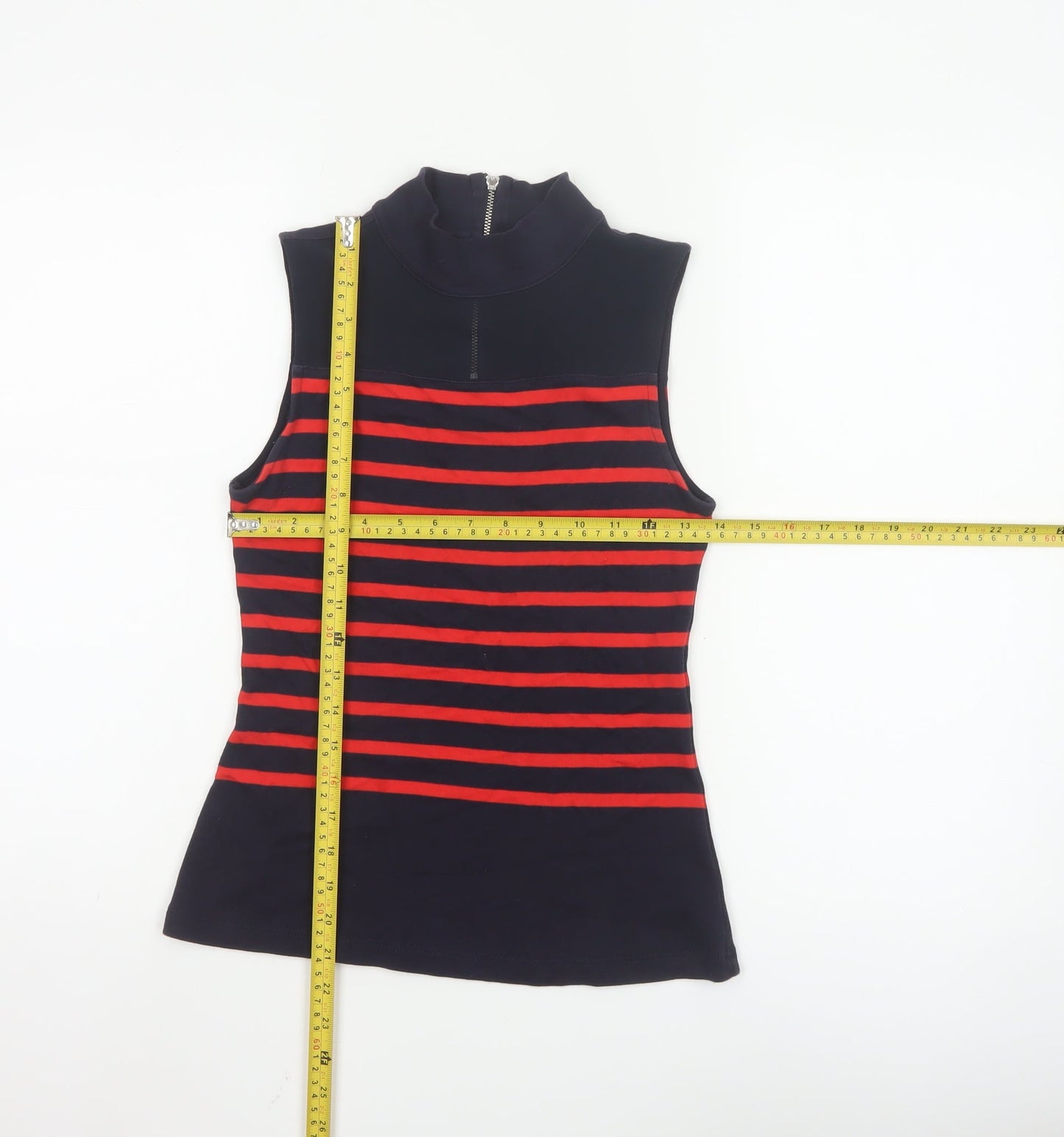 Karen Millen Women's Blue Red Striped Sleeveless Zip Neck Tank Top Size 8