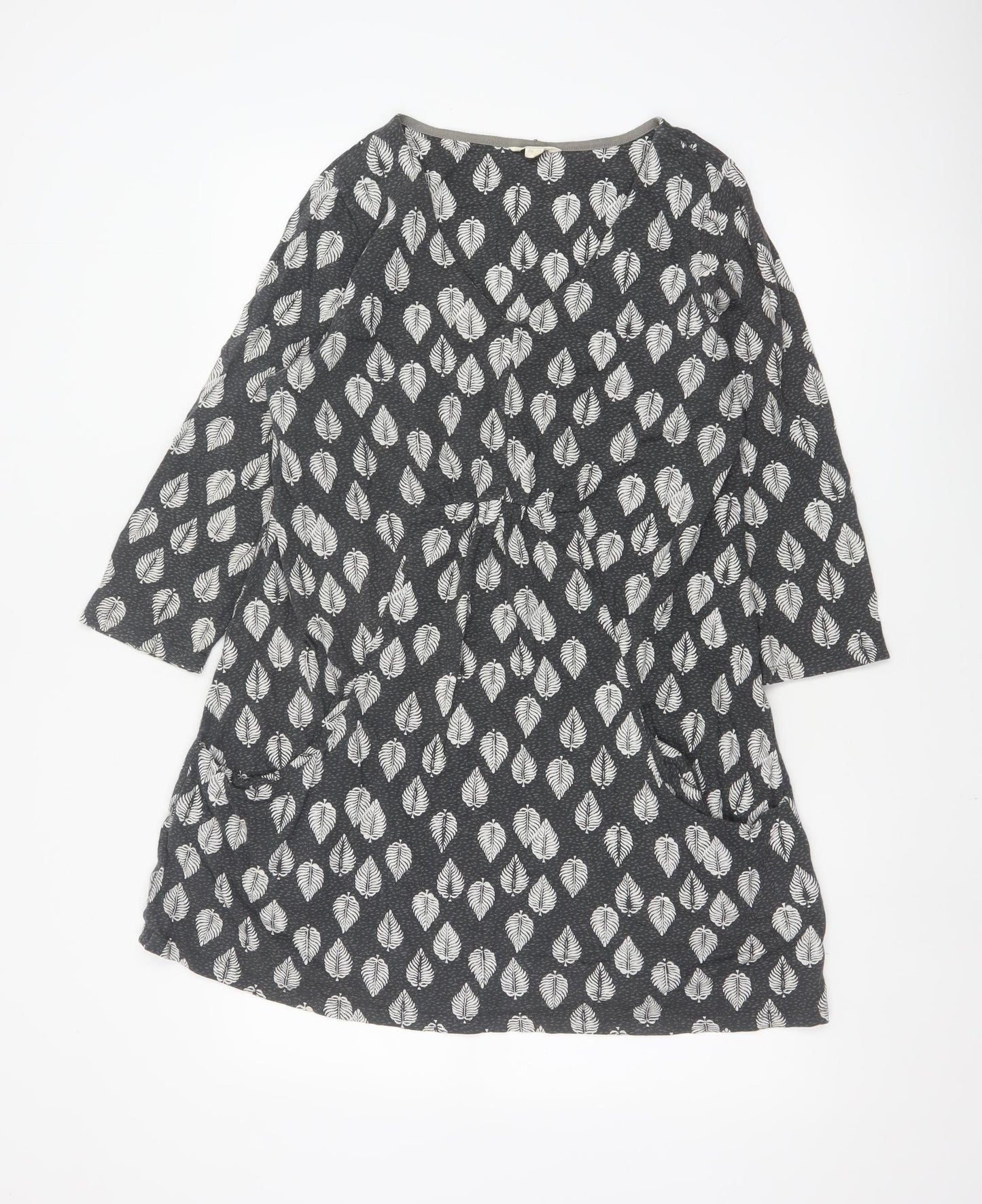 White Stuff Women Grey Leaf Print Cotton Shift Dress UK 18