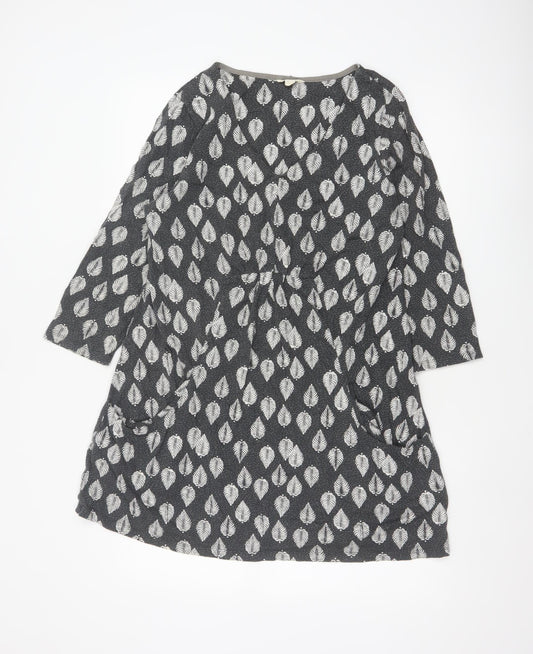 White Stuff Women Grey Leaf Print Cotton Shift Dress UK 18