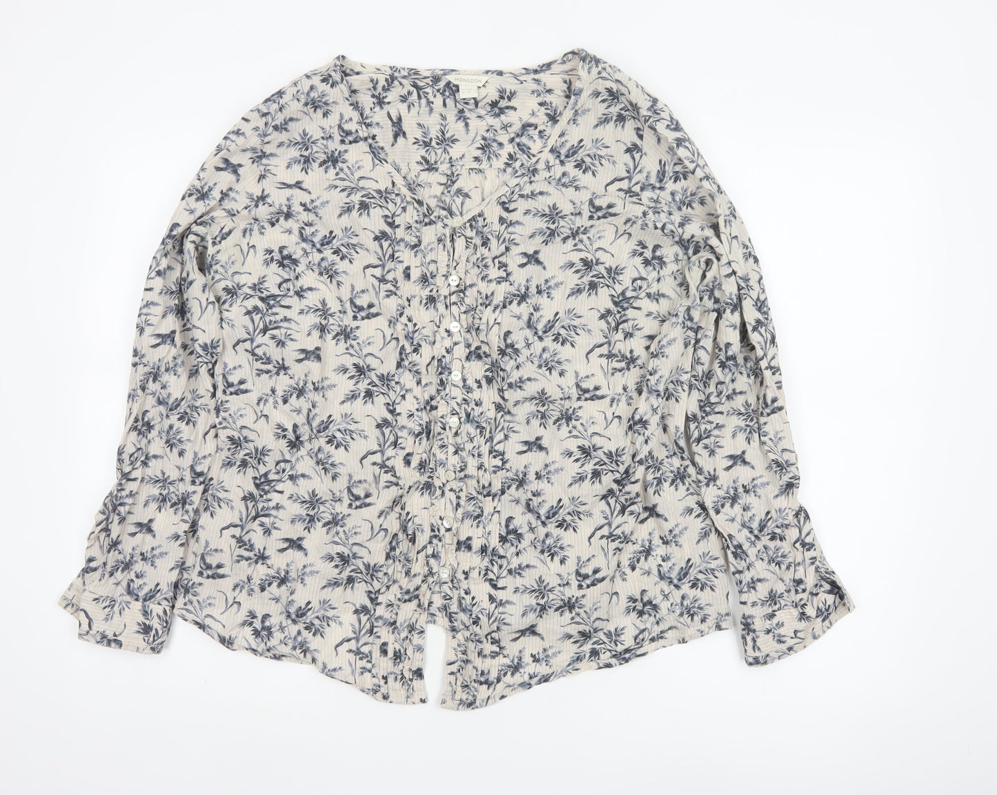 Monsoon Women's Beige Floral Button-Up Blouse Size 18 Long Sleeve Cotton