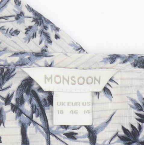 Monsoon Women's Beige Floral Button-Up Blouse Size 18 Long Sleeve Cotton