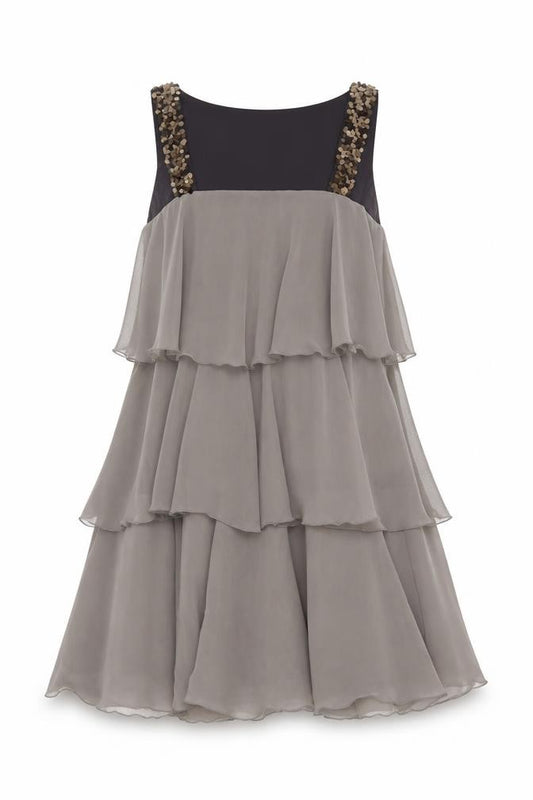 Zara Basic Women's Grey Sequin Layered Chiffon A-Line Dress Size 12