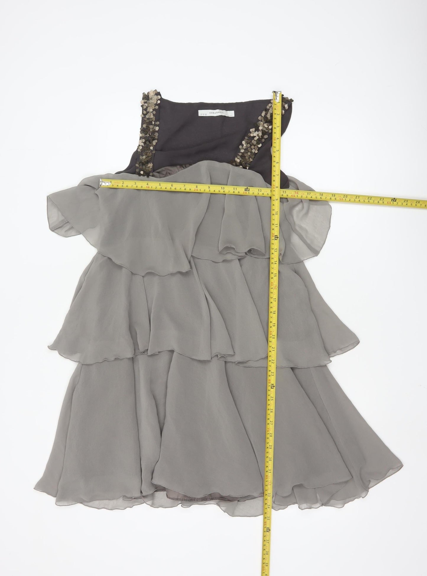 Zara Basic Women's Grey Sequin Layered Chiffon A-Line Dress Size 12