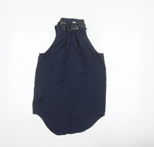 Next Women's Blue Embellished High Neck Sleeveless Party Blouse Size 8