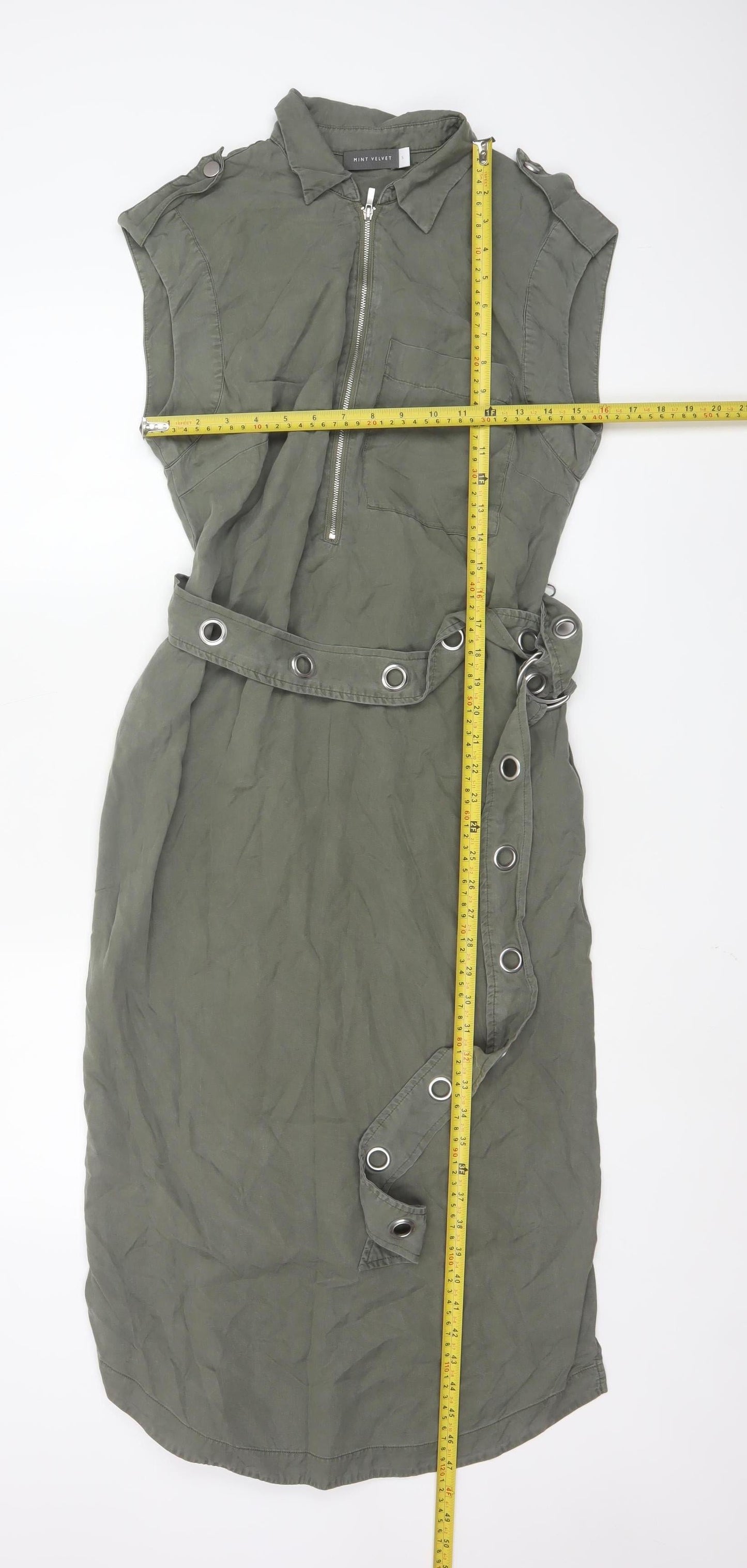 Mint Velvet Women's Green Sleeveless Belted Shirt Dress Size S