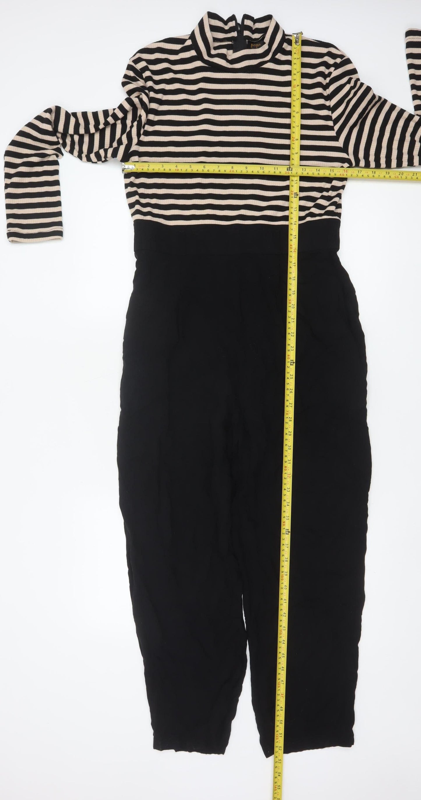 Pop England Women's Black Beige Striped Long Sleeve Jumpsuit Size 4