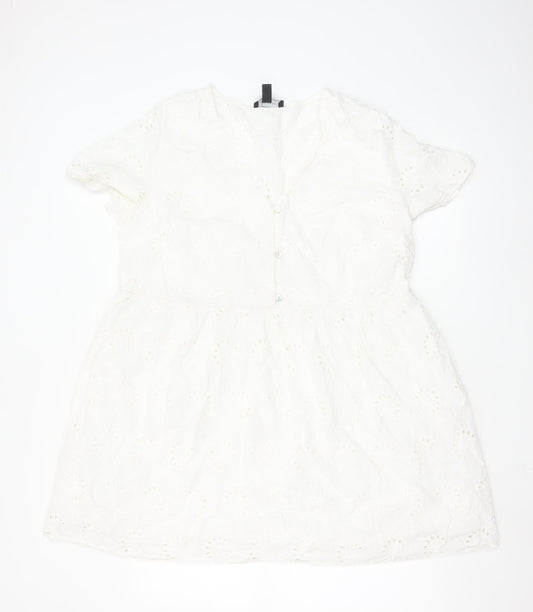 New Look Women's White Cotton A-Line Short Sleeve Belted Dress Size 18