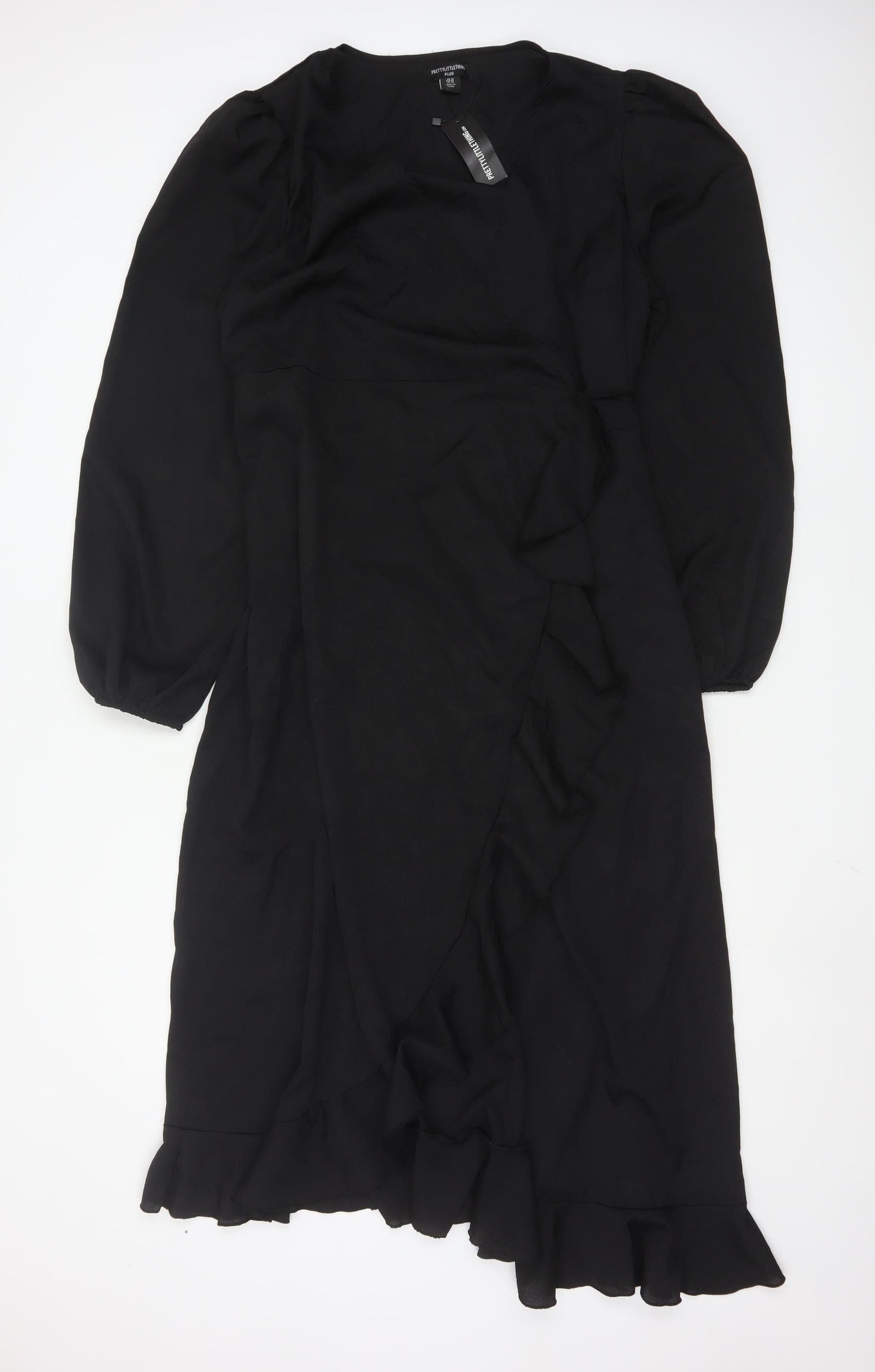 PrettyLittleThing Women’s Black Plus Size 18 Wrap Ruffle Long Sleeve Dress