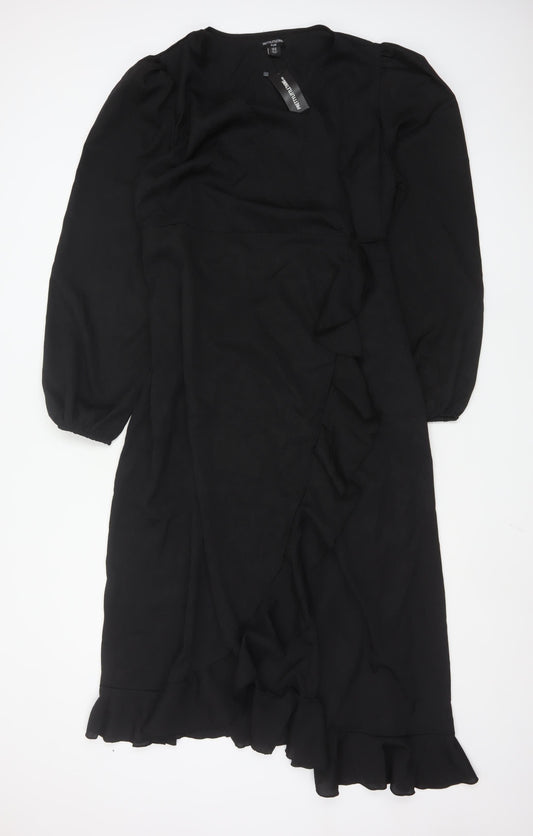 PrettyLittleThing Women’s Black Plus Size 18 Wrap Ruffle Long Sleeve Dress