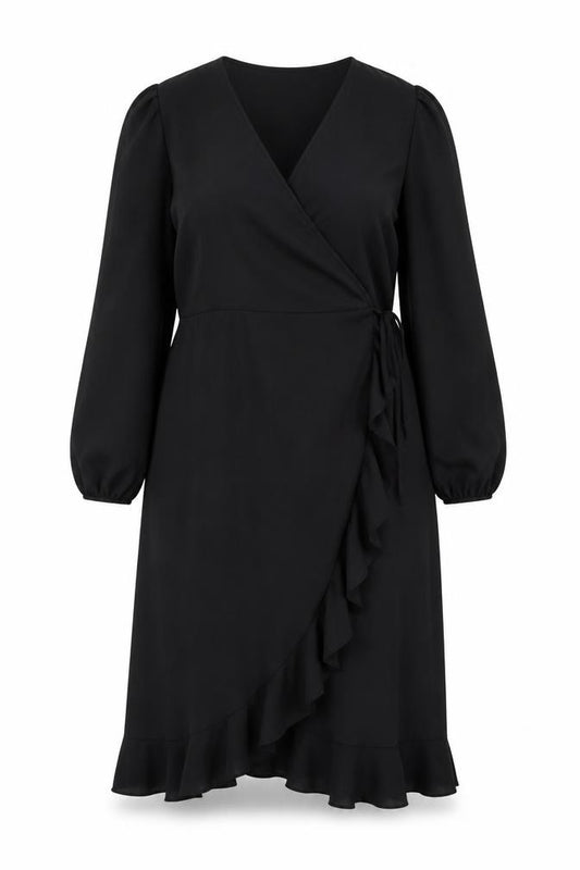 PrettyLittleThing Women’s Black Plus Size 18 Wrap Ruffle Long Sleeve Dress