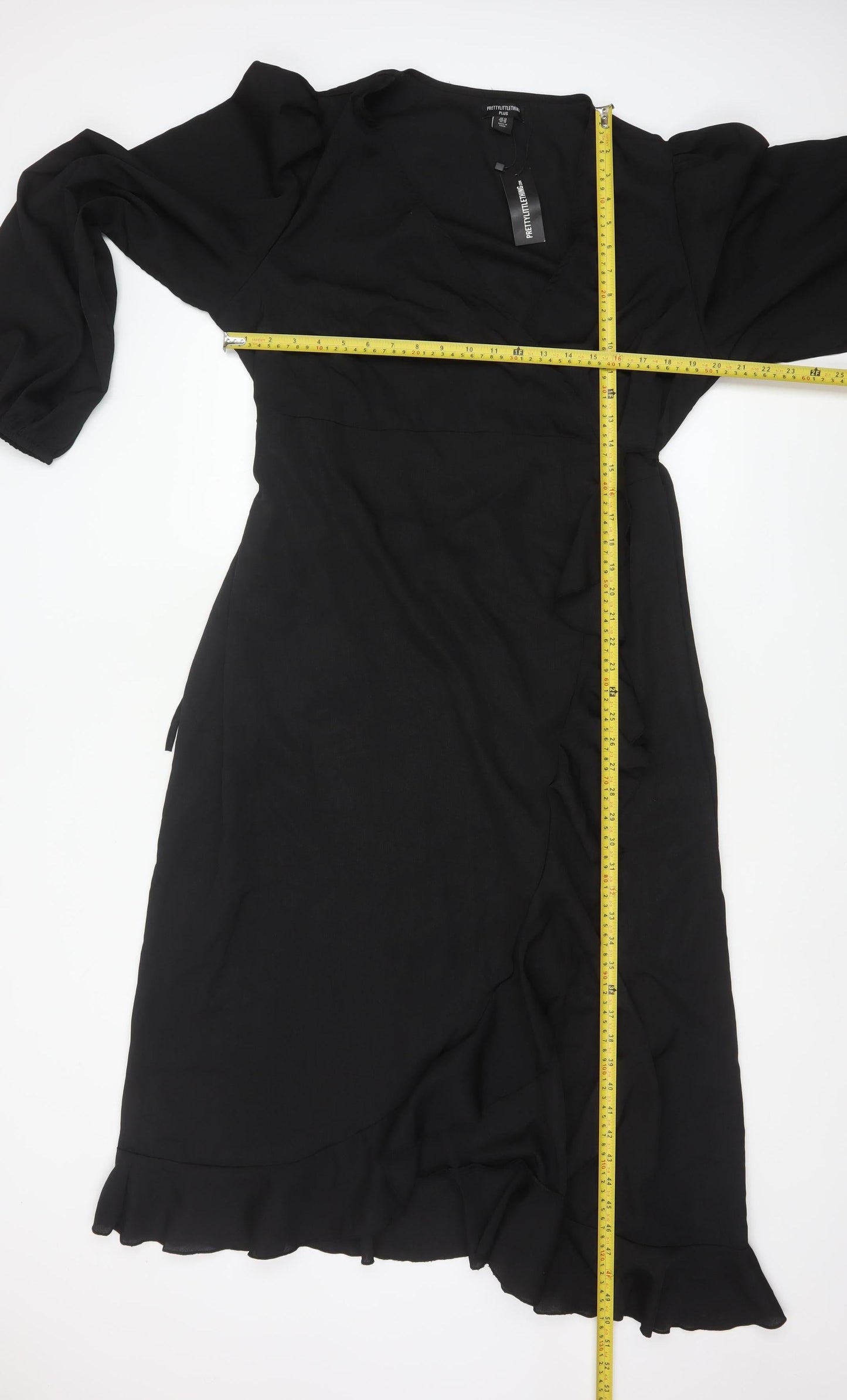 PrettyLittleThing Women’s Black Plus Size 18 Wrap Ruffle Long Sleeve Dress