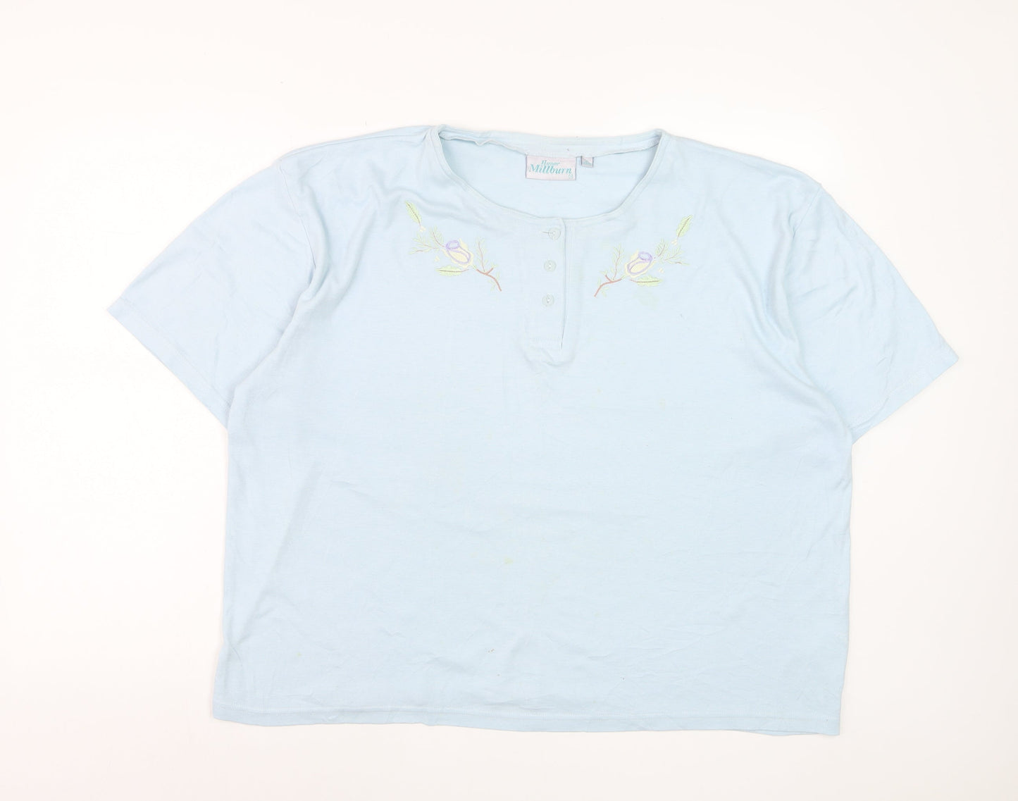 Honor Millburn Women Blue XL Henley Embroidered Cotton T-Shirt