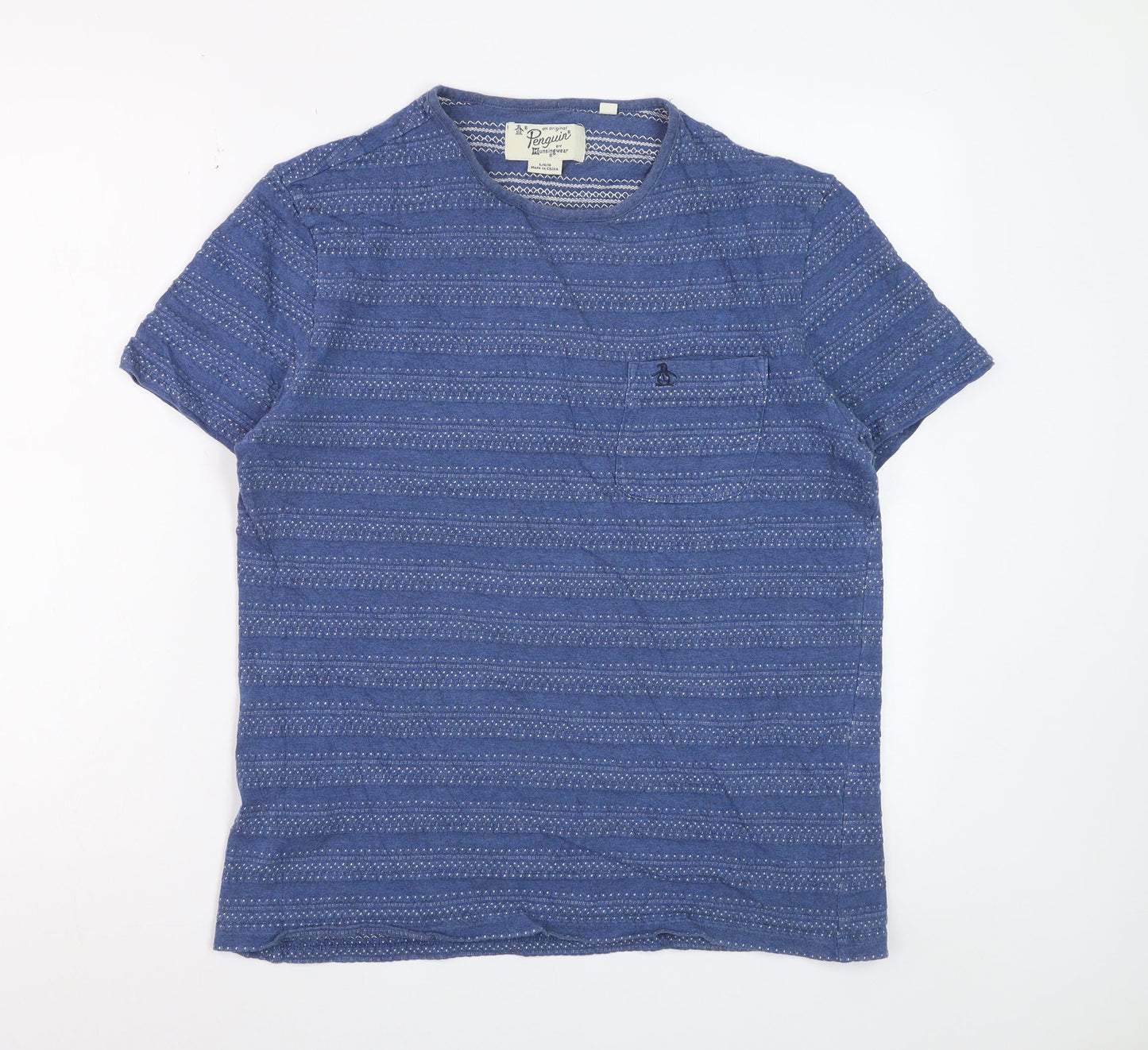 Original Penguin by Munsingwear Men's Blue Cotton Patterned T-Shirt L