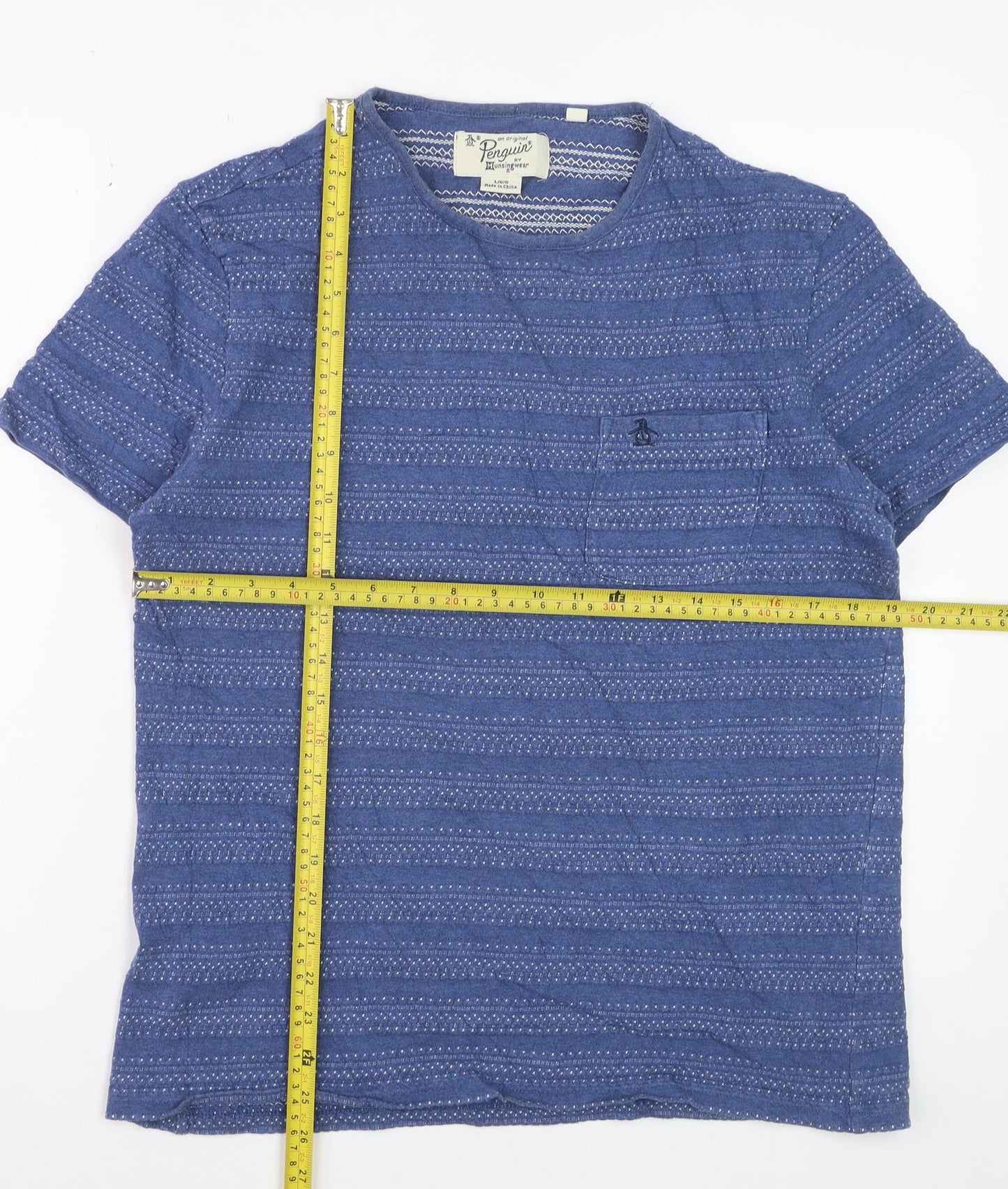 Original Penguin by Munsingwear Men's Blue Cotton Patterned T-Shirt L