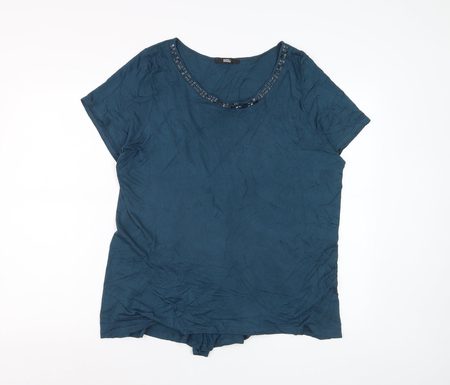Marks and Spencer Women’s Blue Beaded Scoop Neck Viscose T-Shirt UK 20