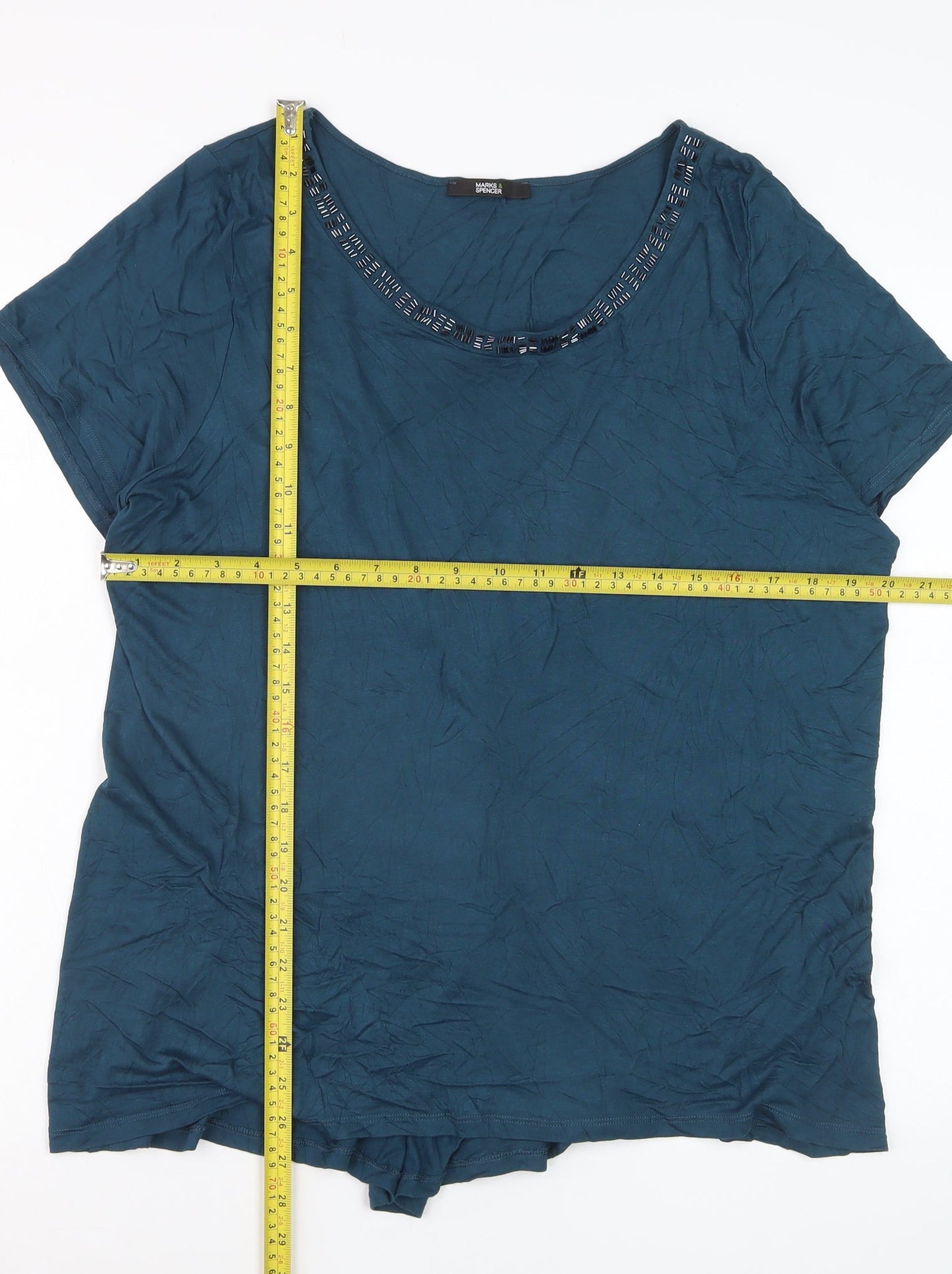Marks and Spencer Women’s Blue Beaded Scoop Neck Viscose T-Shirt UK 20