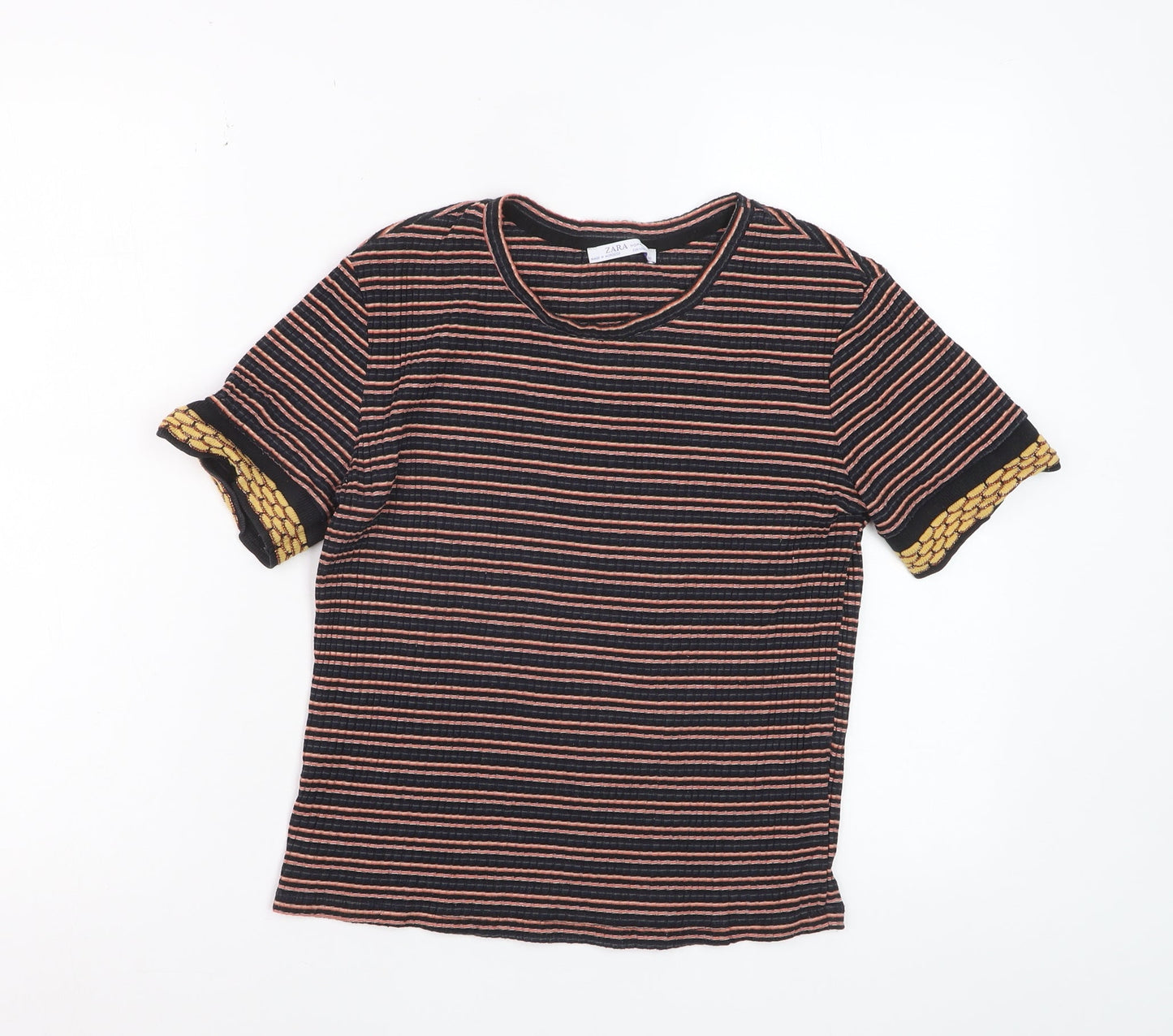 Zara Women Multicoloured Striped Short Sleeve Cotton T-Shirt Size S