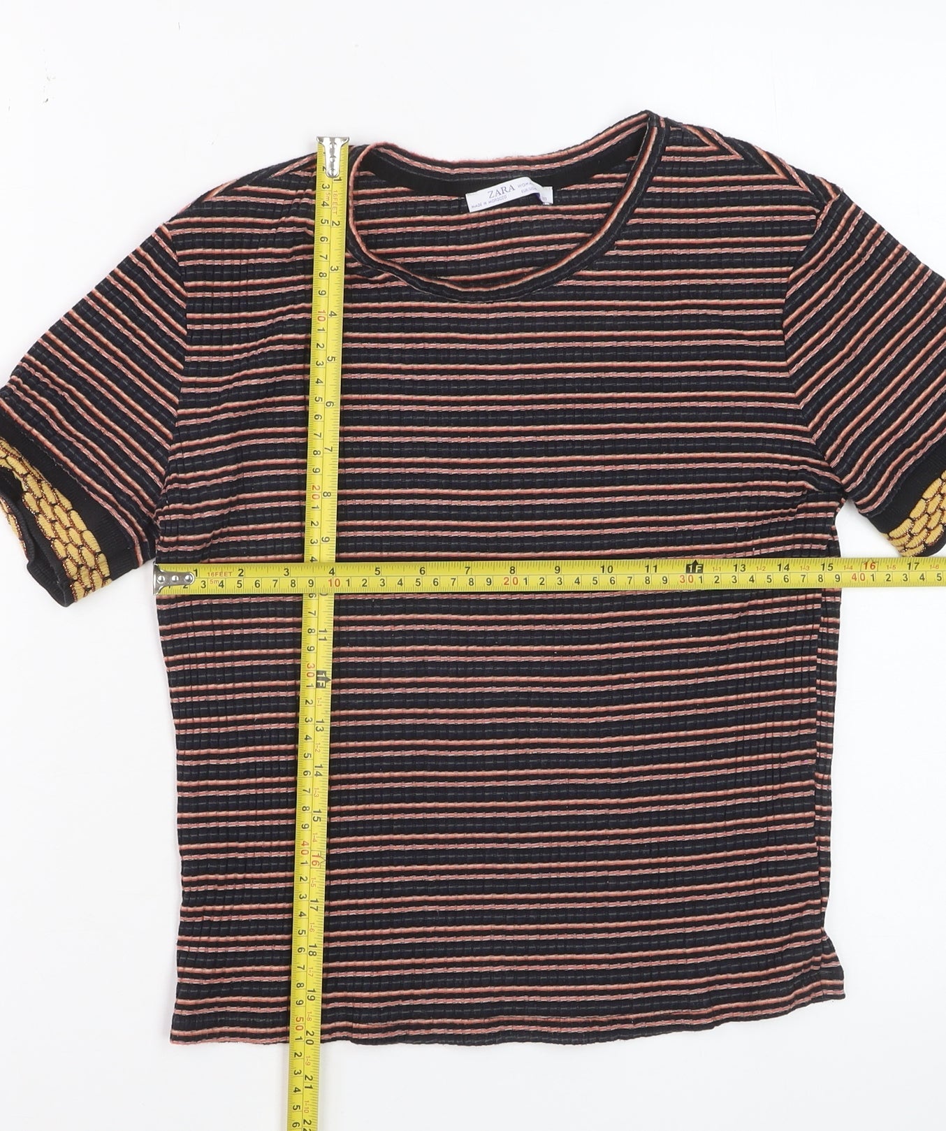 Zara Women Multicoloured Striped Short Sleeve Cotton T-Shirt Size S