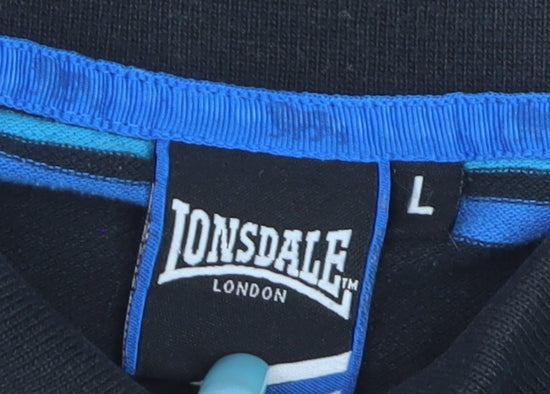 Lonsdale Men's Black & Blue Striped Cotton Polo Shirt Size L