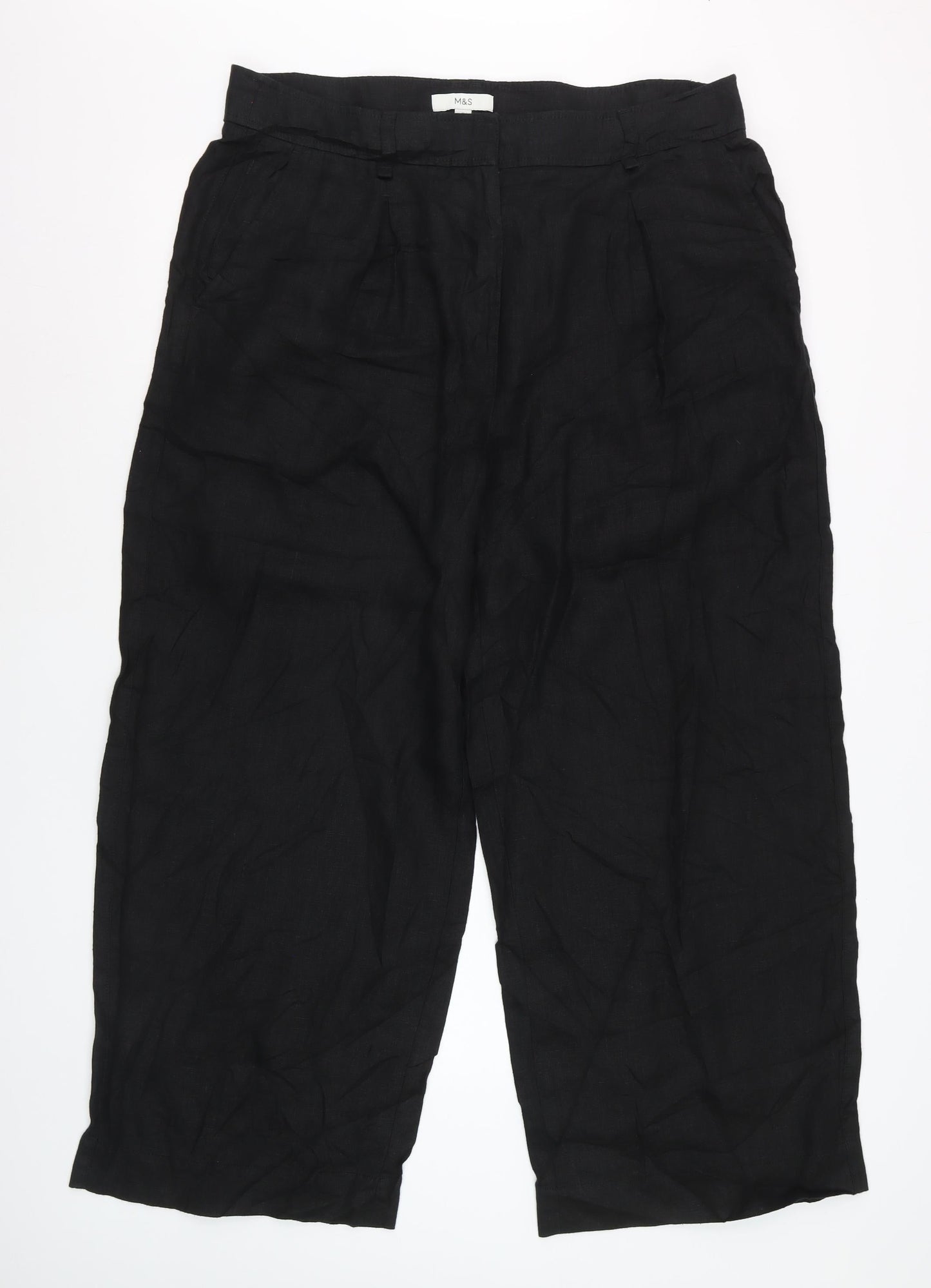 Marks and Spencer Women Black Linen Wide-Leg Trousers Size 18