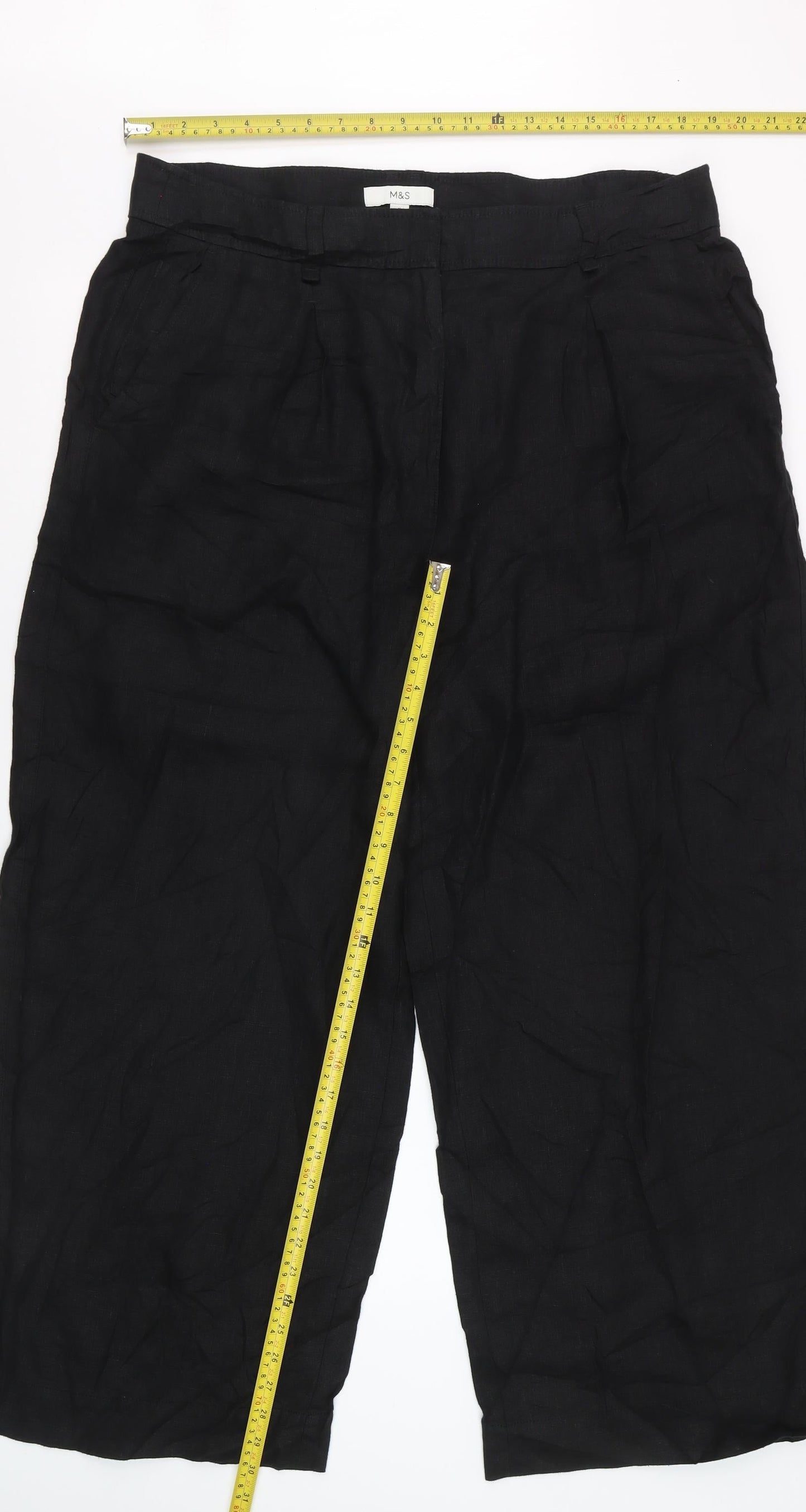 Marks and Spencer Women Black Linen Wide-Leg Trousers Size 18