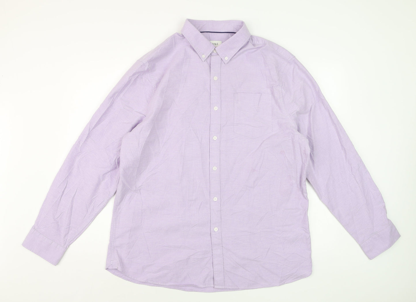 Marks and Spencer Men's Purple Cotton Long Sleeve Button-Down Shirt XL