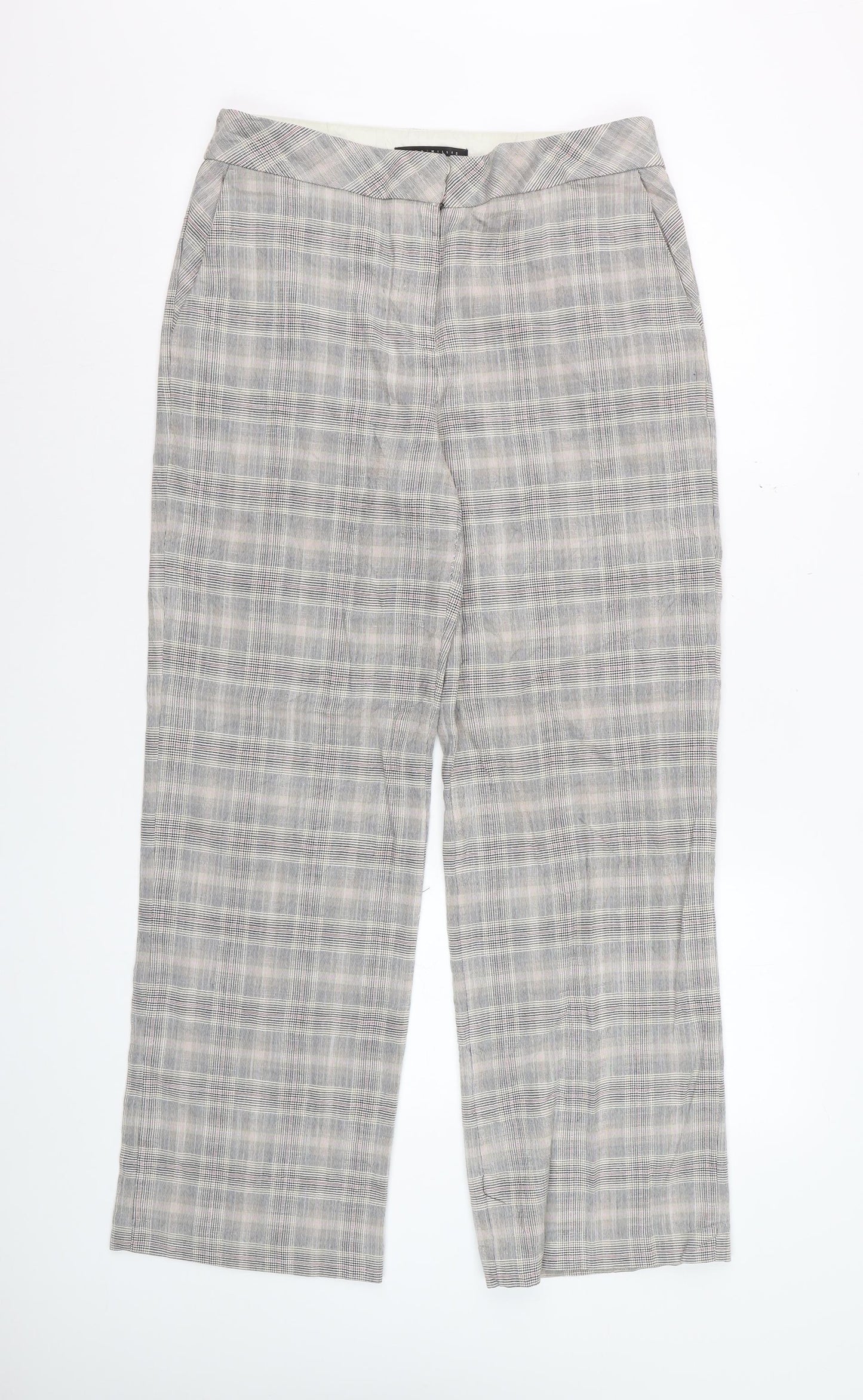 Next Women Grey Checked Wide-Leg Trousers Size 10R