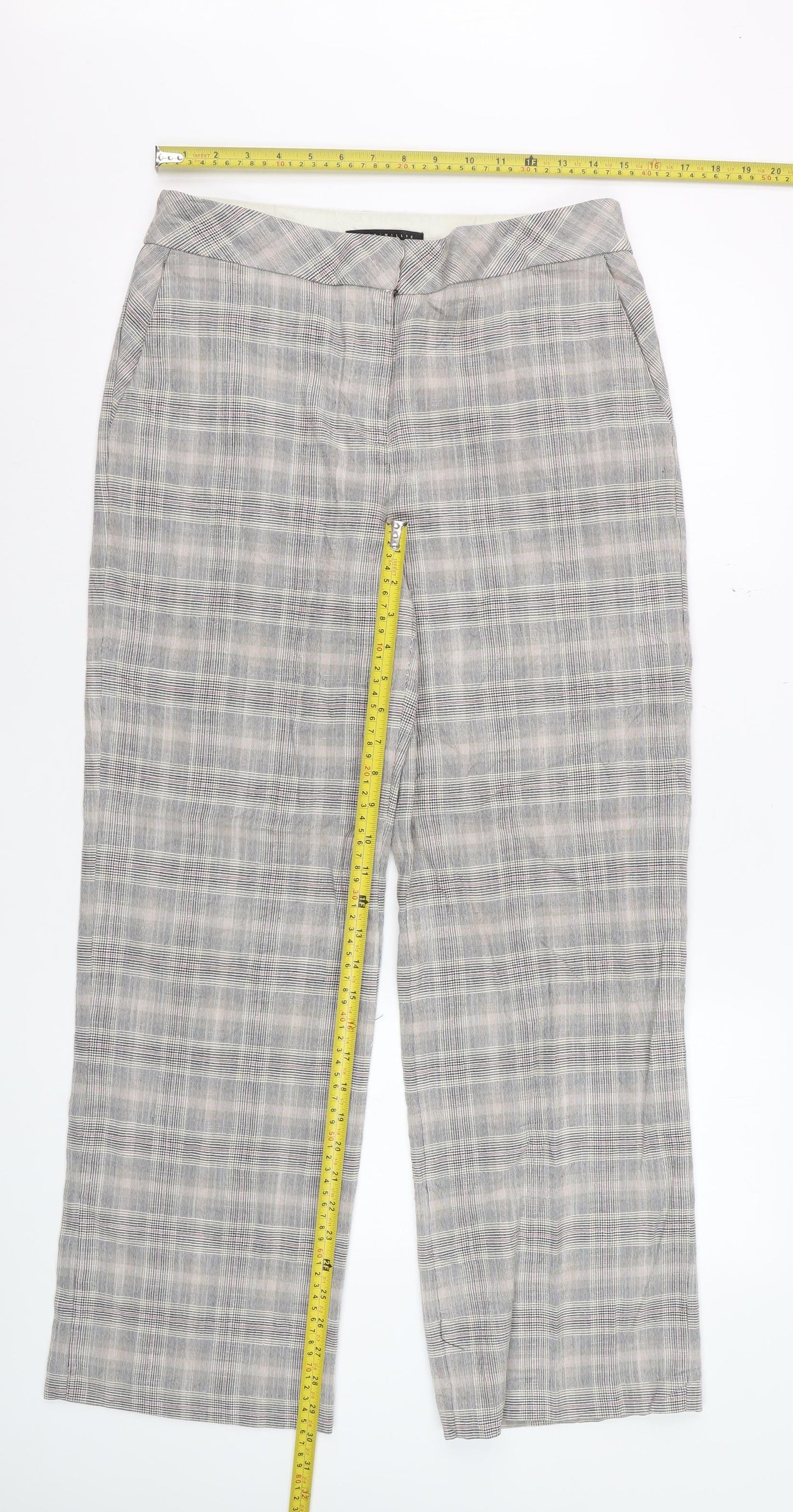 Next Women Grey Checked Wide-Leg Trousers Size 10R