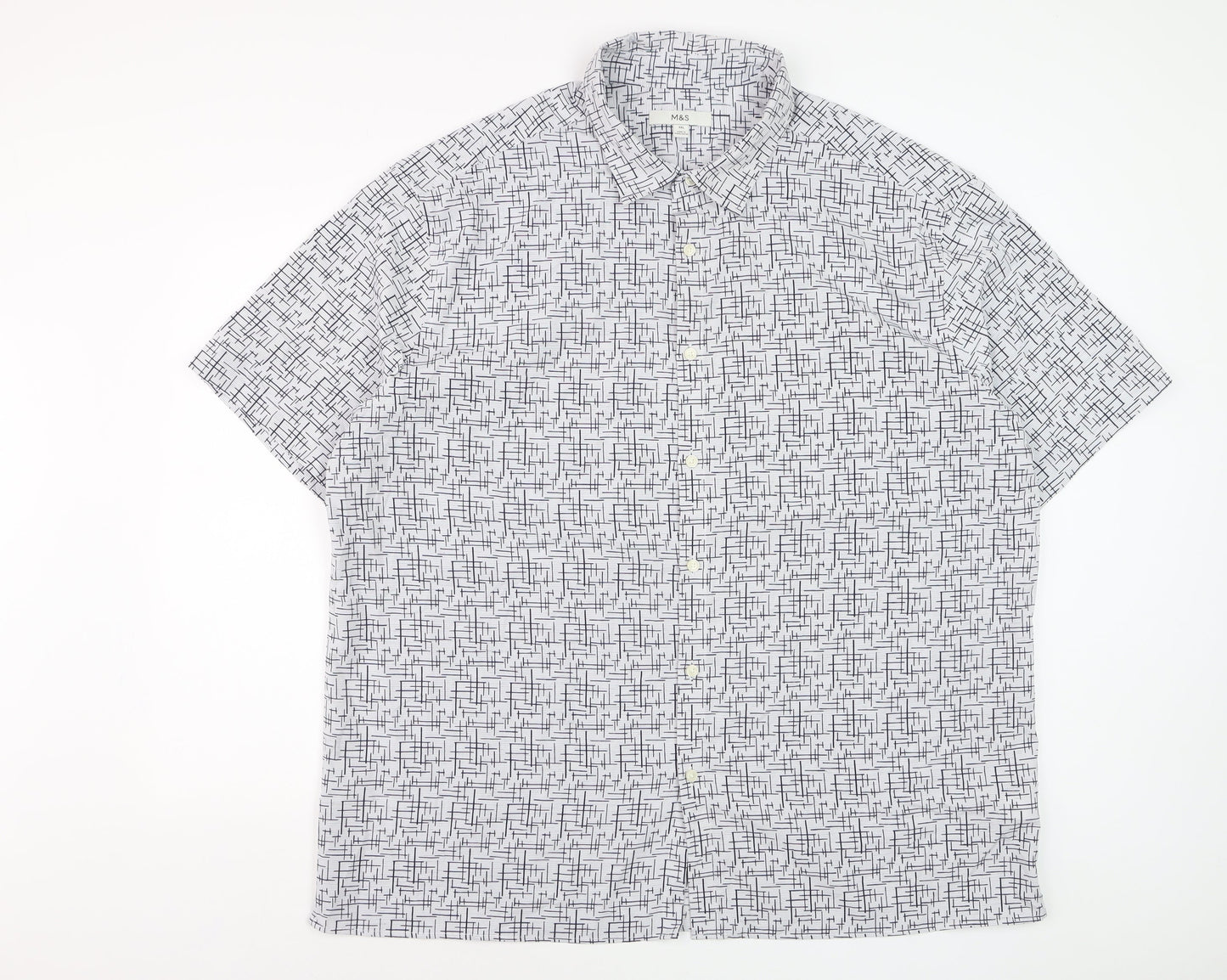 Marks and Spencer Men’s White Geometric Button-Up Short Sleeve Shirt 3XL