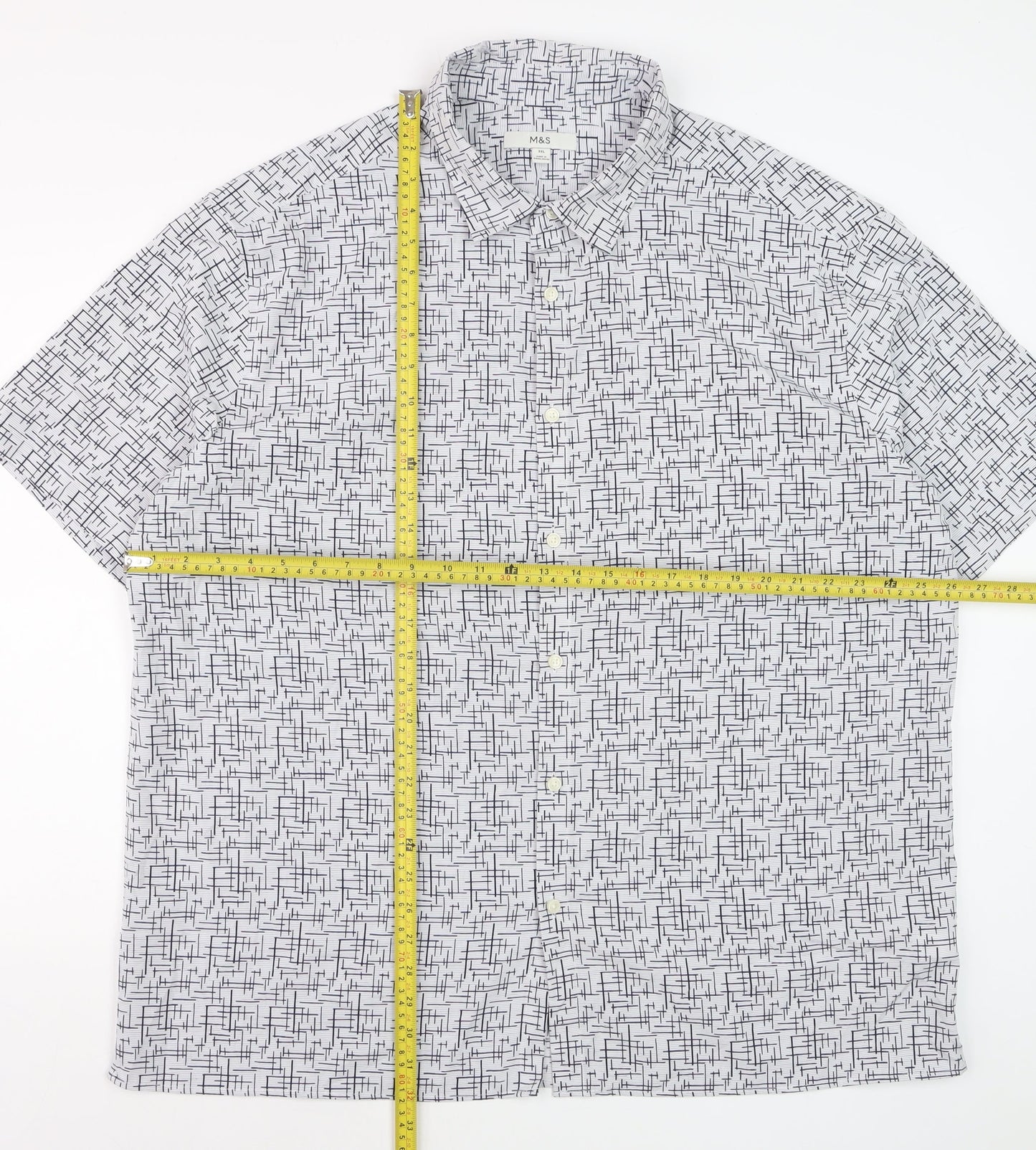 Marks and Spencer Men’s White Geometric Button-Up Short Sleeve Shirt 3XL