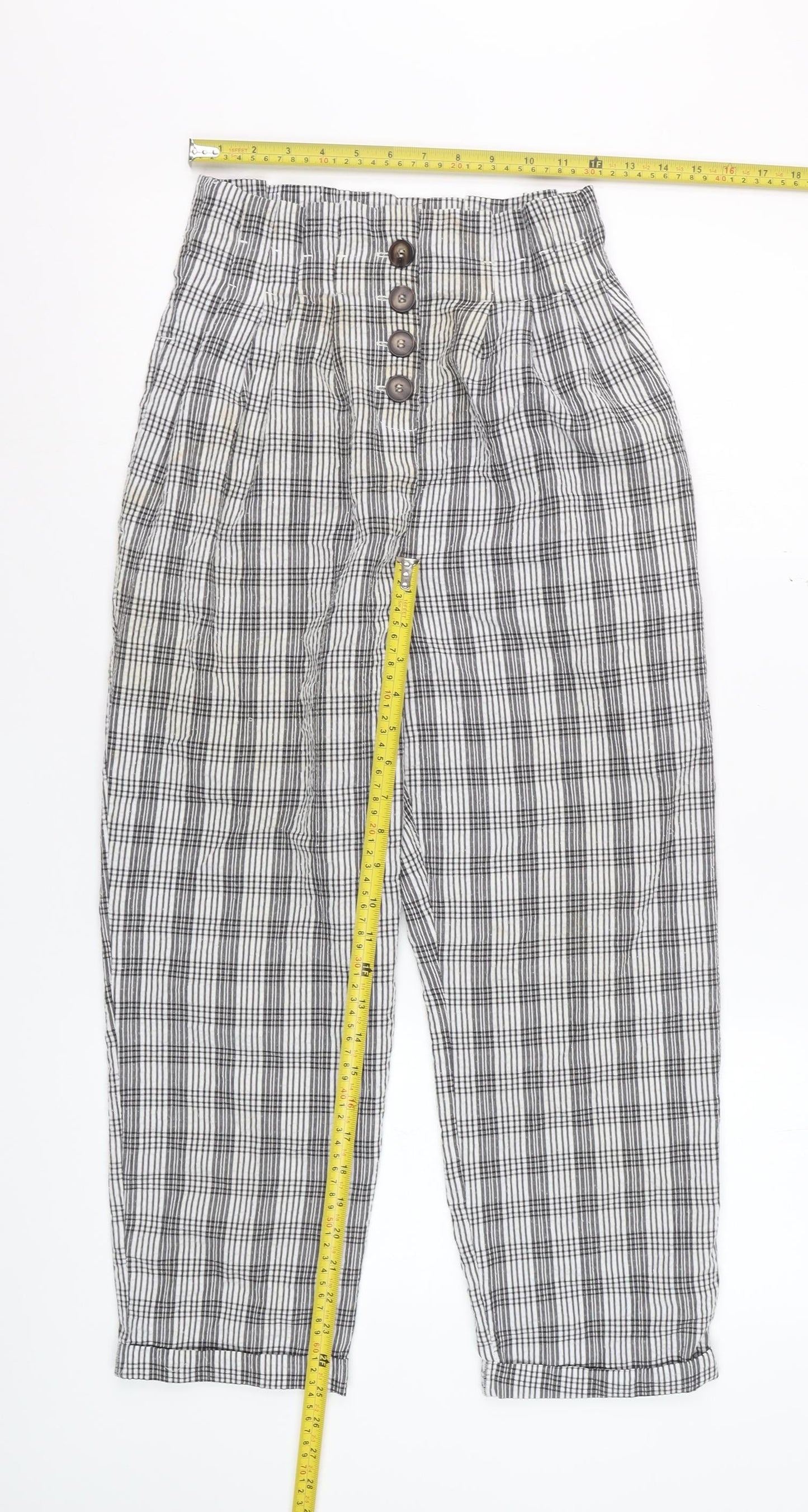 Topshop Women’s Black Check Trousers Size 6 High Waist Cropped