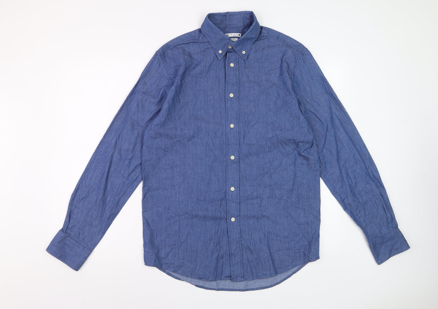 Zara Men's Blue Regular Fit Cotton Button-Down Long Sleeve Shirt M