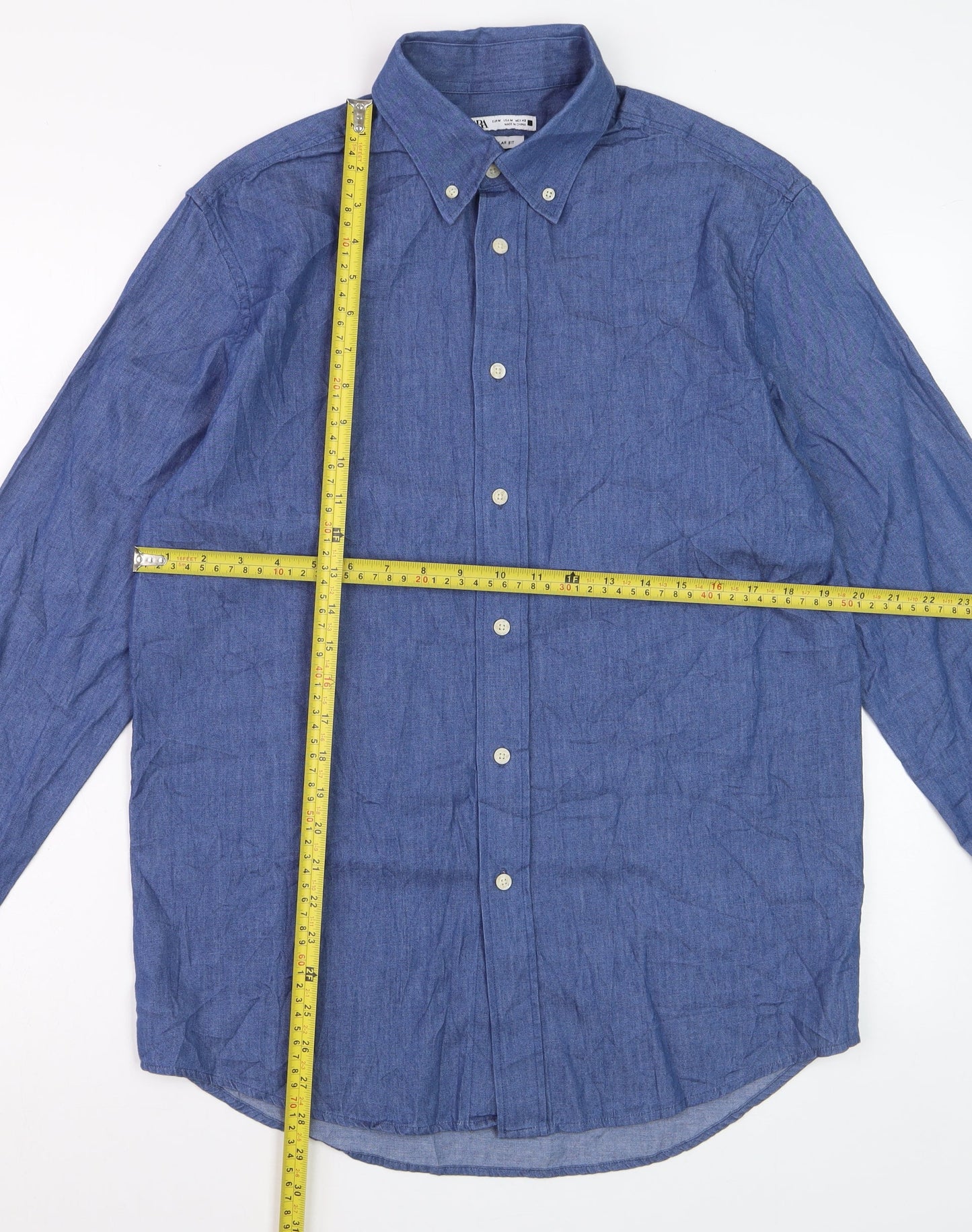 Zara Men's Blue Regular Fit Cotton Button-Down Long Sleeve Shirt M