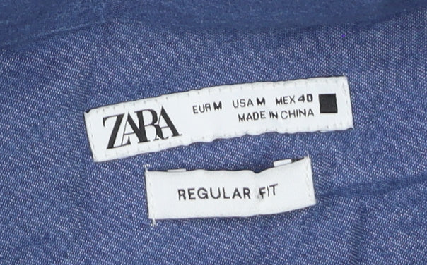 Zara Men's Blue Regular Fit Cotton Button-Down Long Sleeve Shirt M