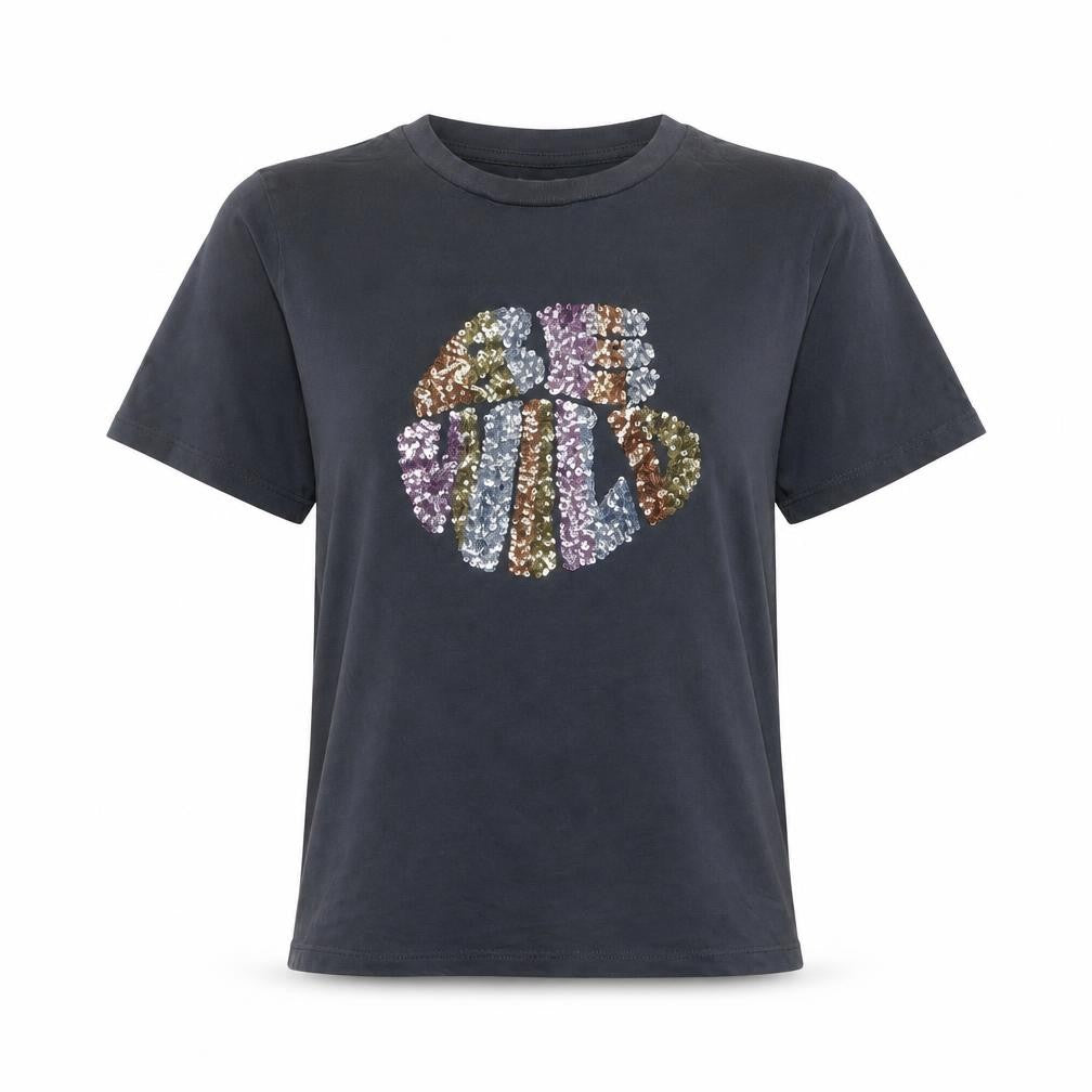 Oliver Bonas Womens Black Sequin Short Sleeve Cotton T-Shirt Size 8