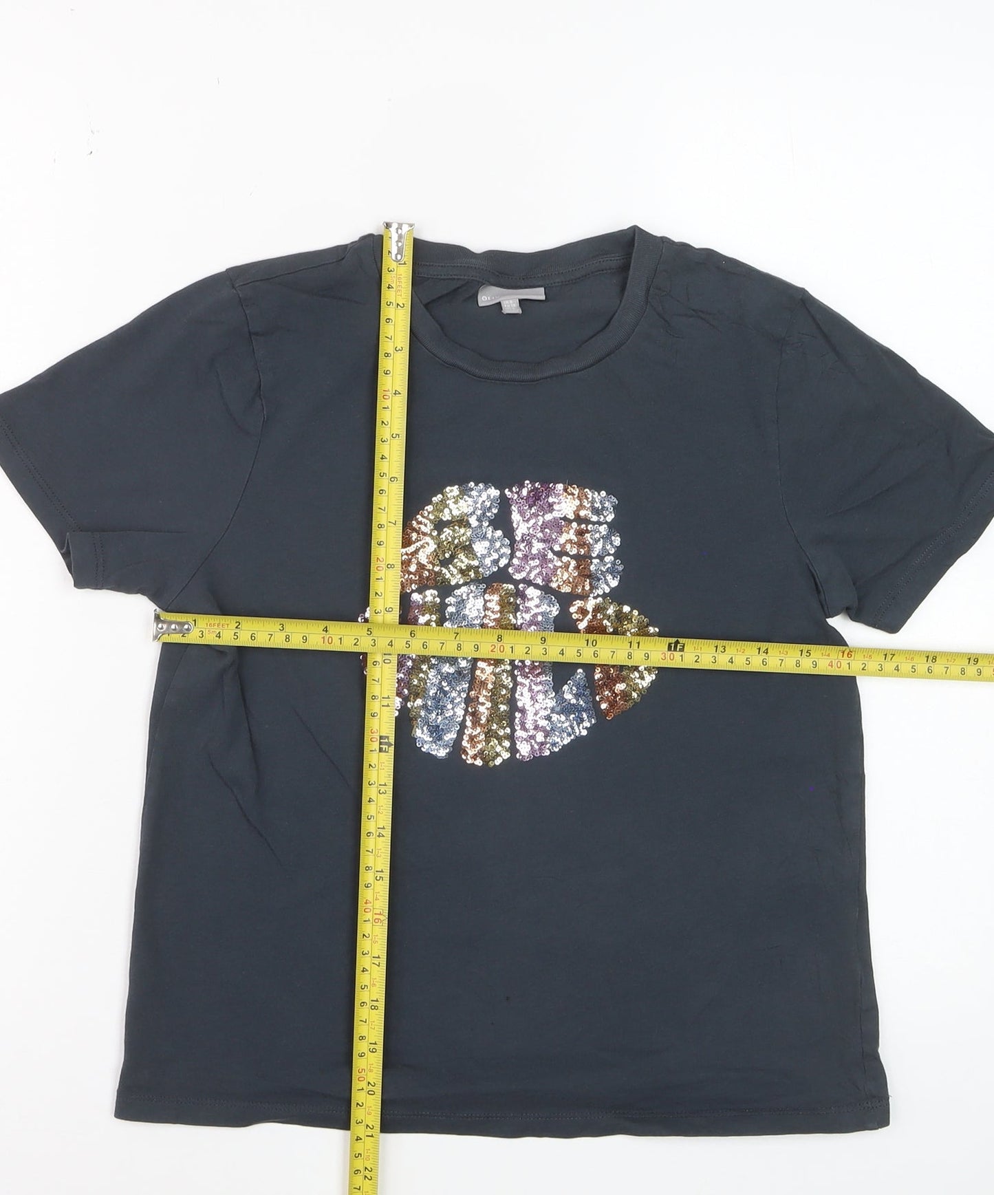 Oliver Bonas Womens Black Sequin Short Sleeve Cotton T-Shirt Size 8