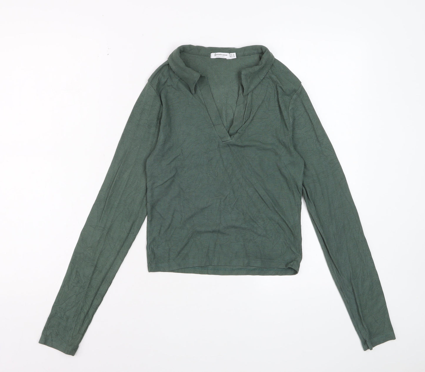 Stradivarius Women Green Cropped Collared Long Sleeve Top Size 12