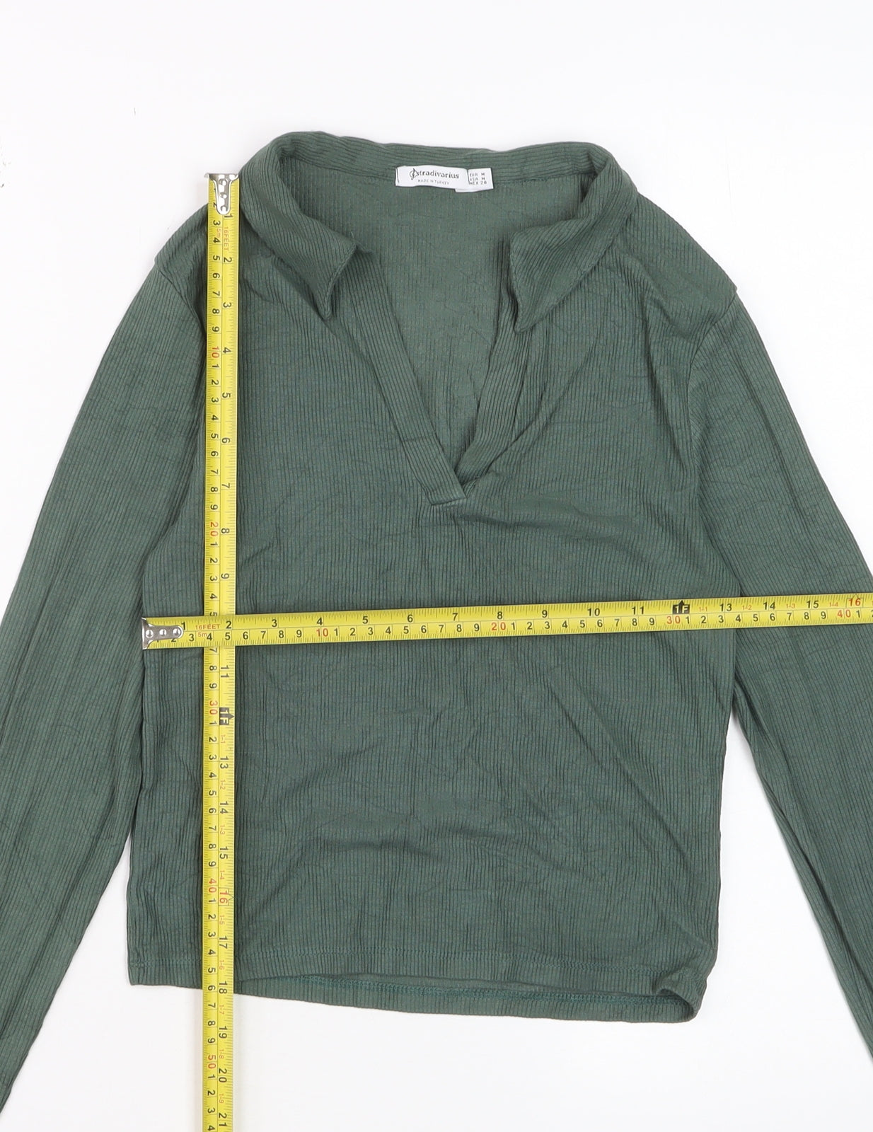 Stradivarius Women Green Cropped Collared Long Sleeve Top Size 12
