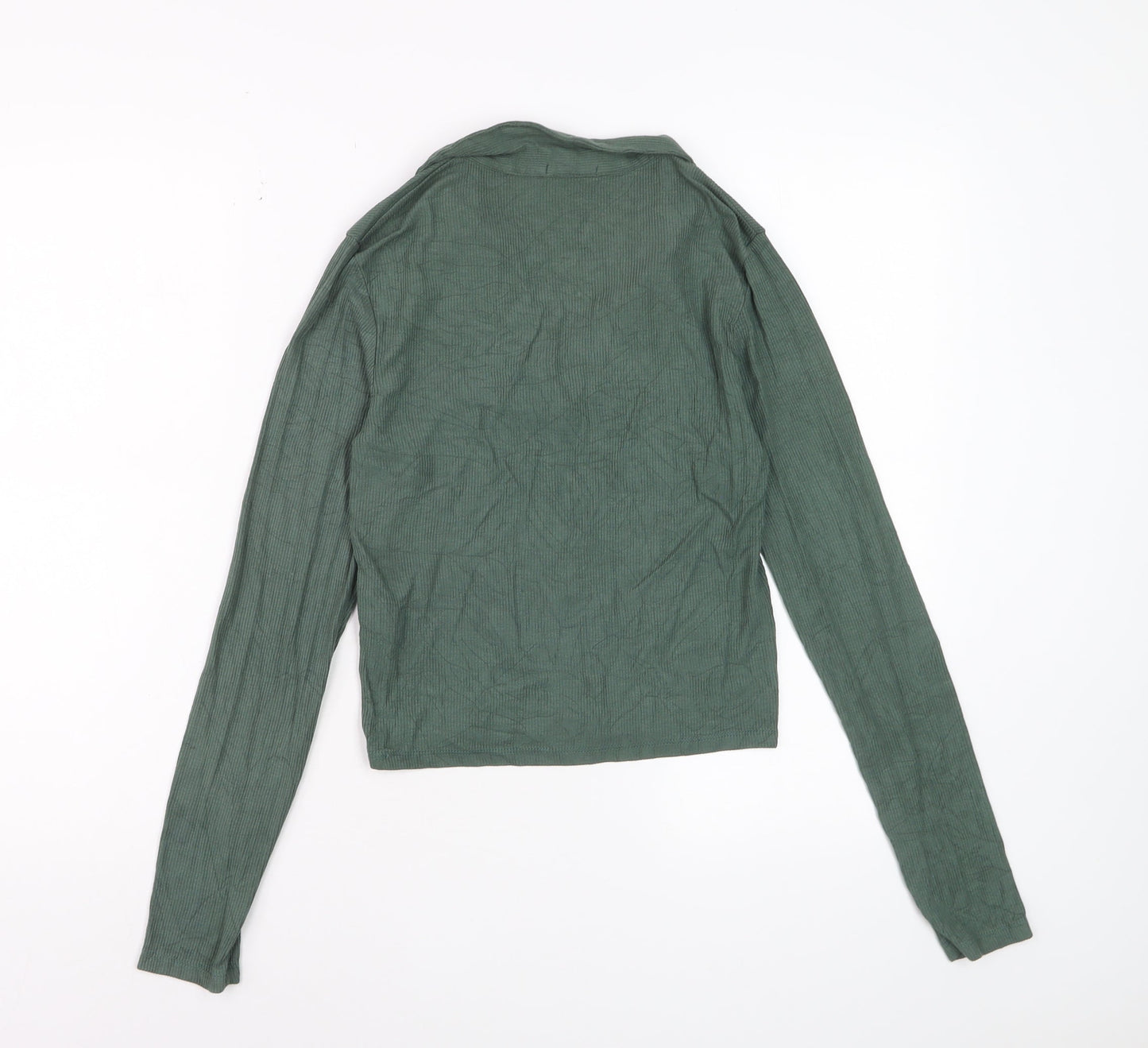 Stradivarius Women Green Cropped Collared Long Sleeve Top Size 12