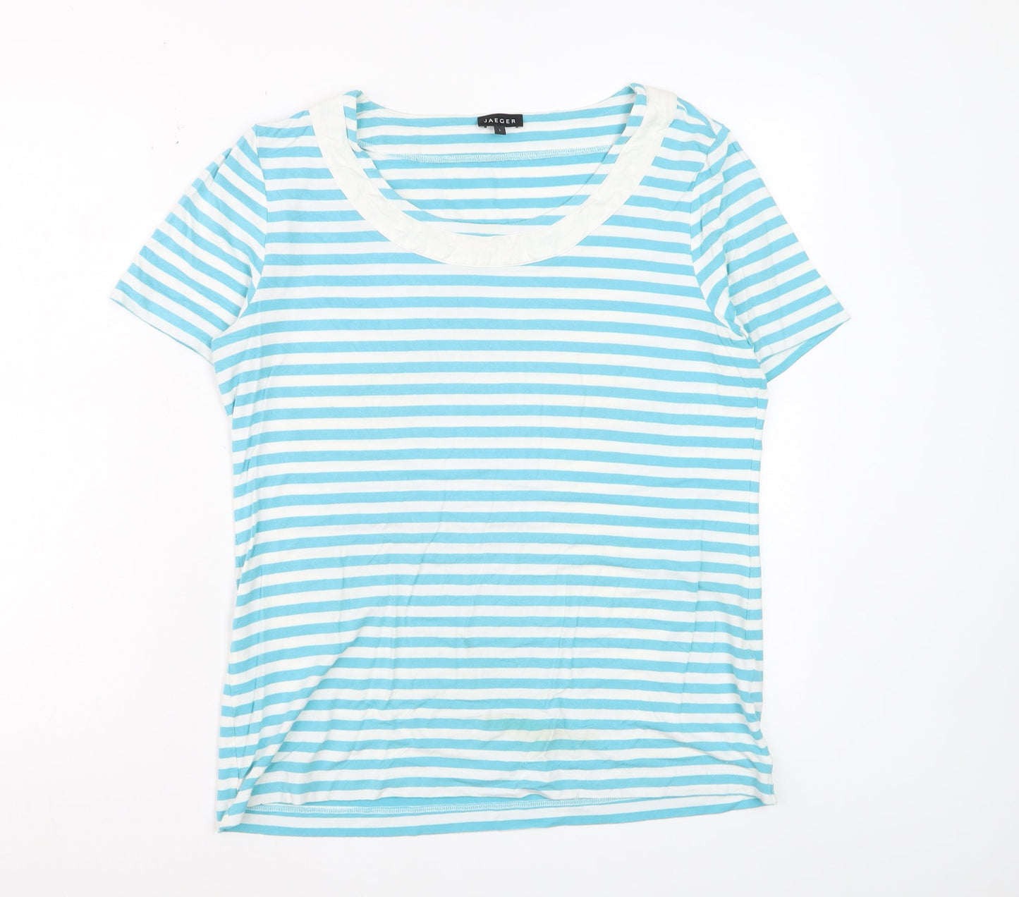 Jaeger Women Blue Striped Short Sleeve Scoop Neck T-Shirt L