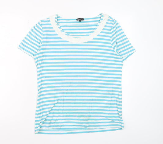 Jaeger Women Blue Striped Short Sleeve Scoop Neck T-Shirt L
