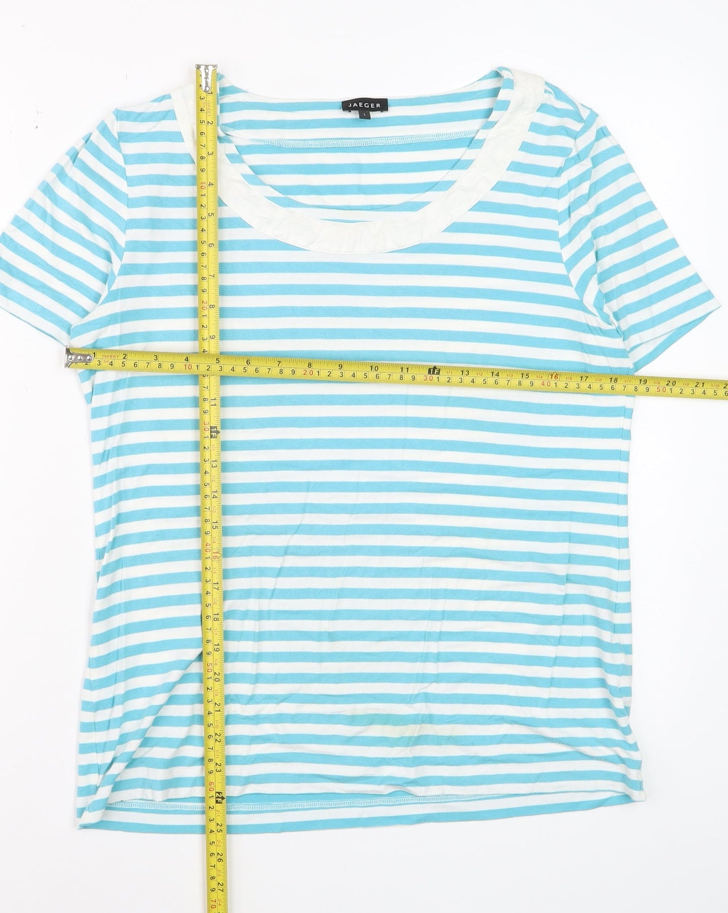 Jaeger Women Blue Striped Short Sleeve Scoop Neck T-Shirt L