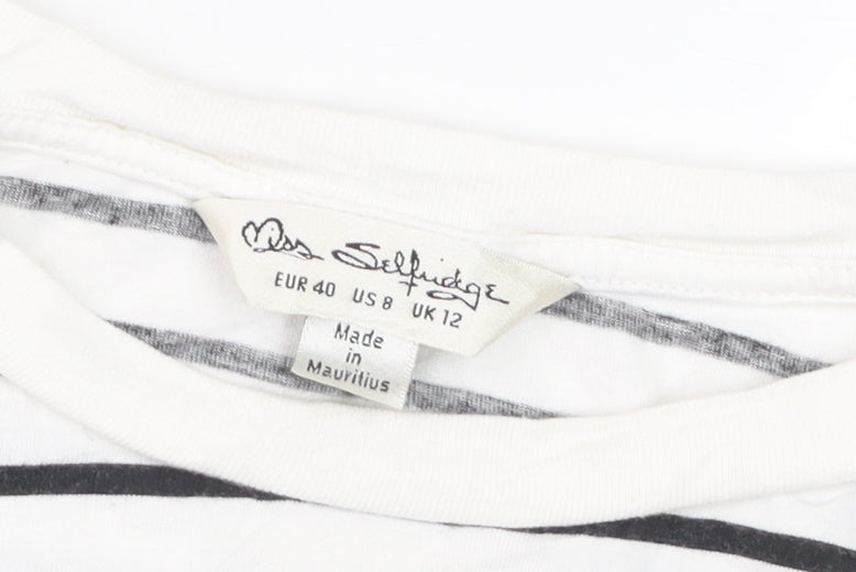 Miss Selfridge Women’s White Striped Cotton T-Shirt Size 12