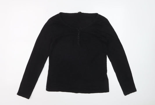 Massimo Dutti Women's Black Long Sleeve Henley Cotton Top Size L