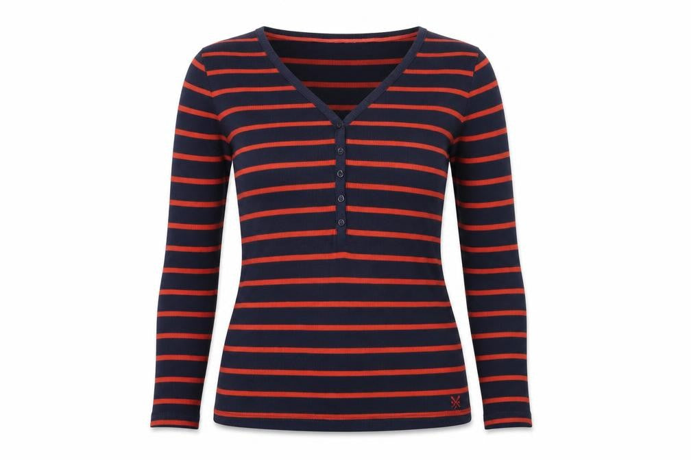 Crew Clothing Women Blue Striped V-Neck Long Sleeve T-Shirt Size 12