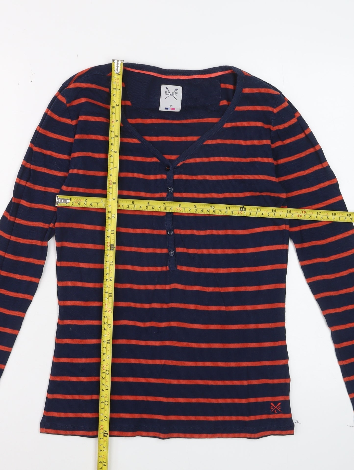 Crew Clothing Co. Women Blue Striped V-Neck Long Sleeve T-Shirt Size 12